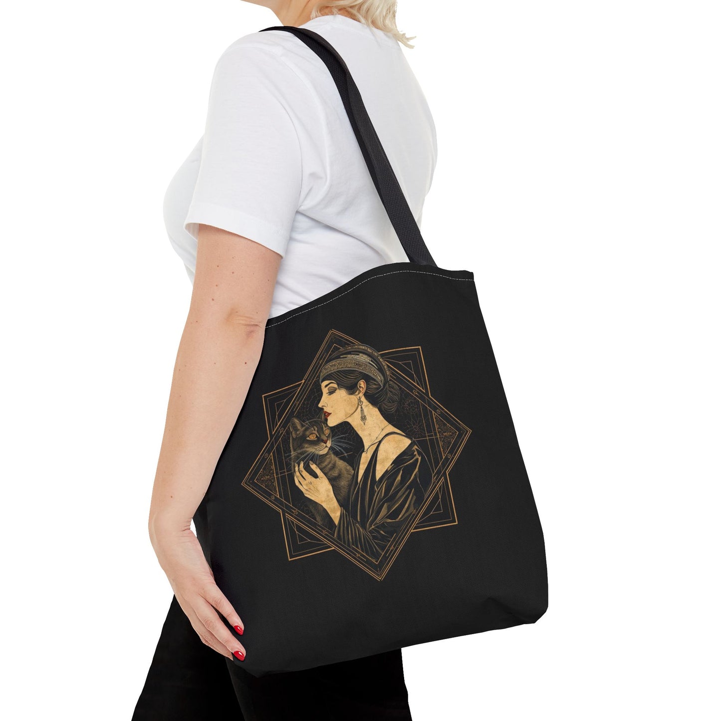 Art Deco Muse & Cat Elegant Vintage Style Cotton Canvas Tote Bag