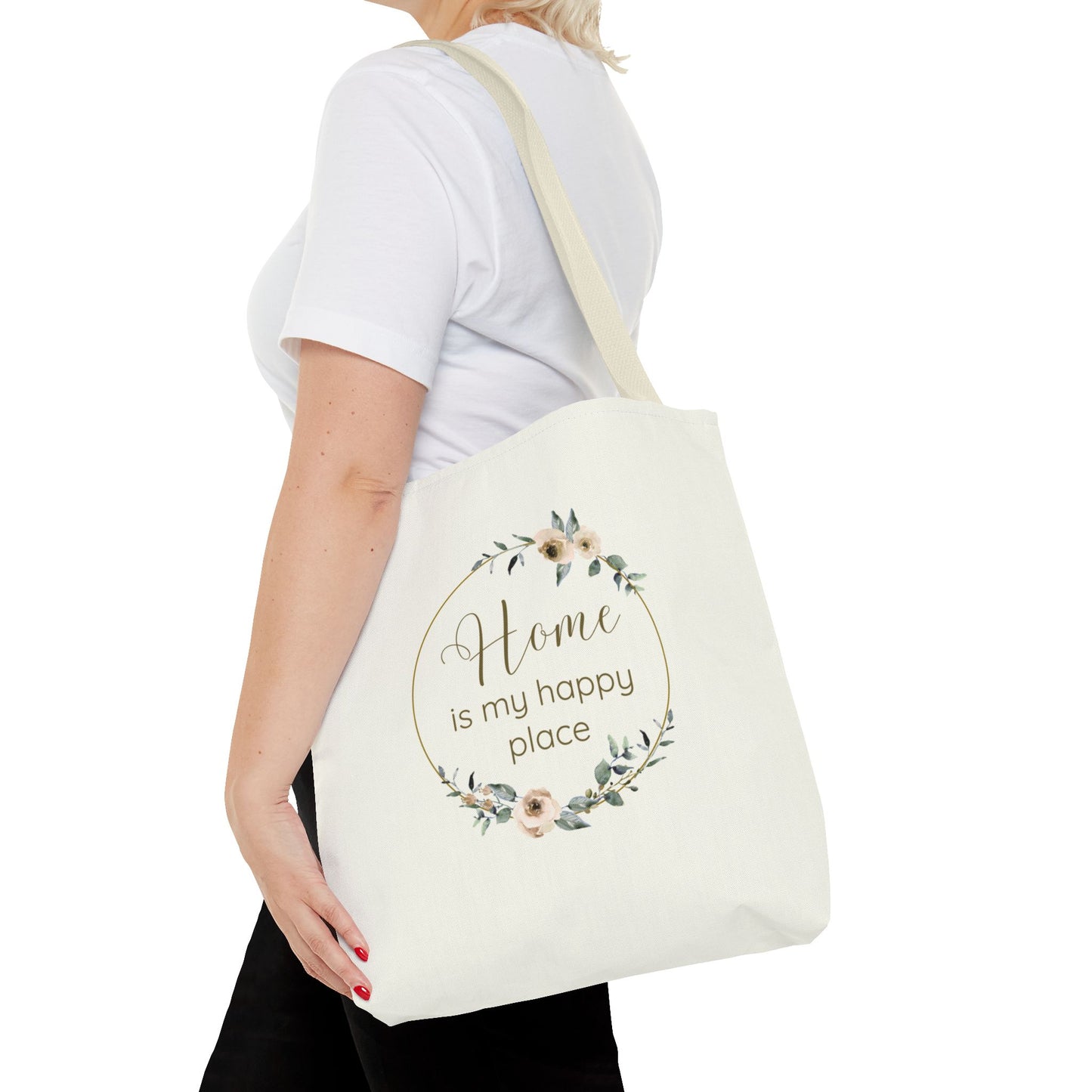 Home Is My Happy Place - Soft Floral Neutral Cotton Canvas Tote Bag