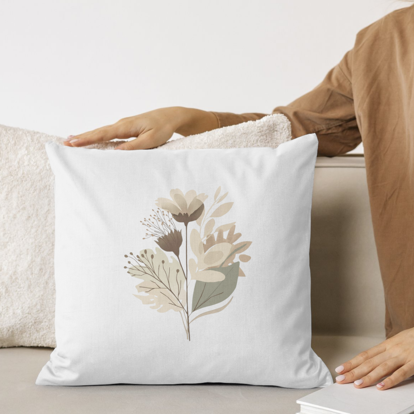 Minimalist Botanical Throw Pillow - Quiet Botanicals No. 1 — Neutral Watercolor Wildflowers Square Throw Pillow
