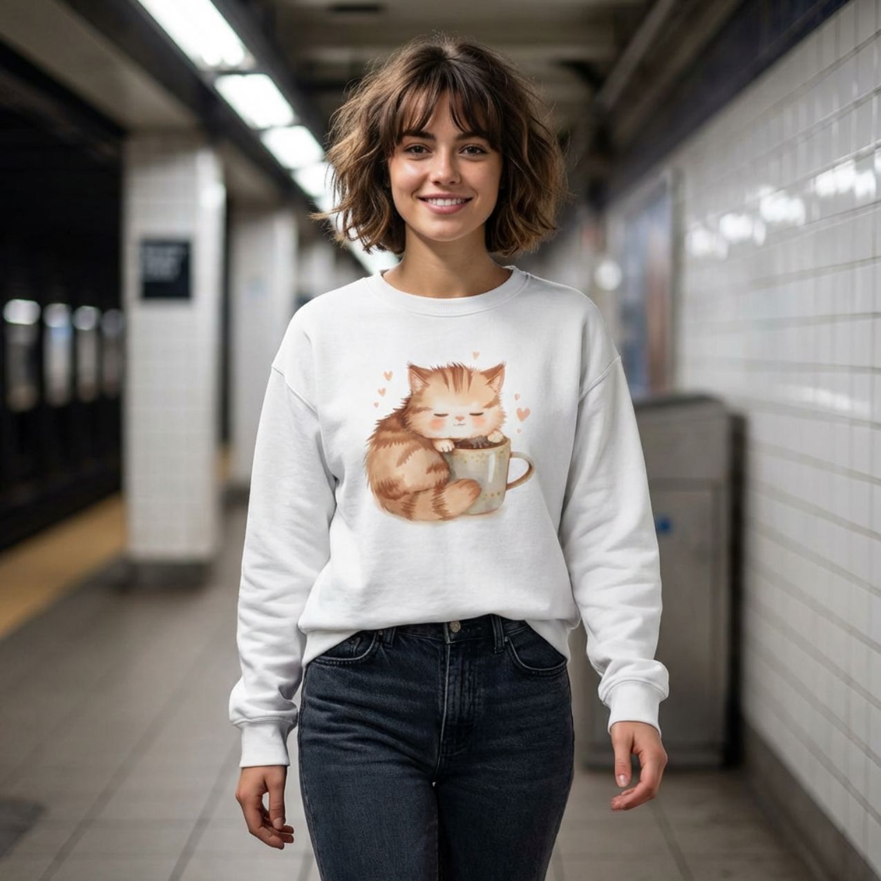 Sleepy Coffee Kitten Cozy Sweatshirt Cute Cat Lover Pullover