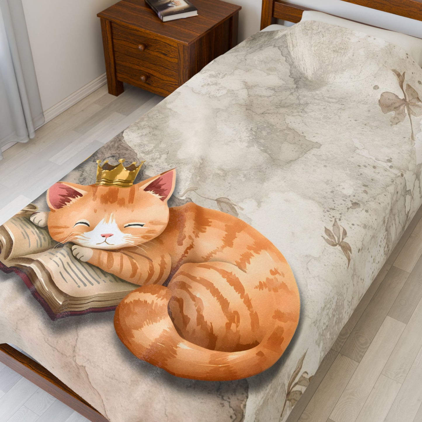 Once Upon a Nap Storybook Sleeping Cat Cozy Velveteen Blanket – Soft Neutral Cat Lover Home Decor Plush Throw