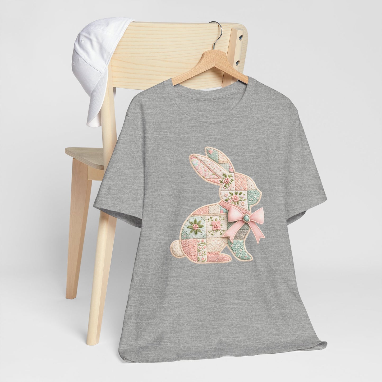 Pastel Patchwork Bunny with Satin Bow Spring Design Easter T-shirt