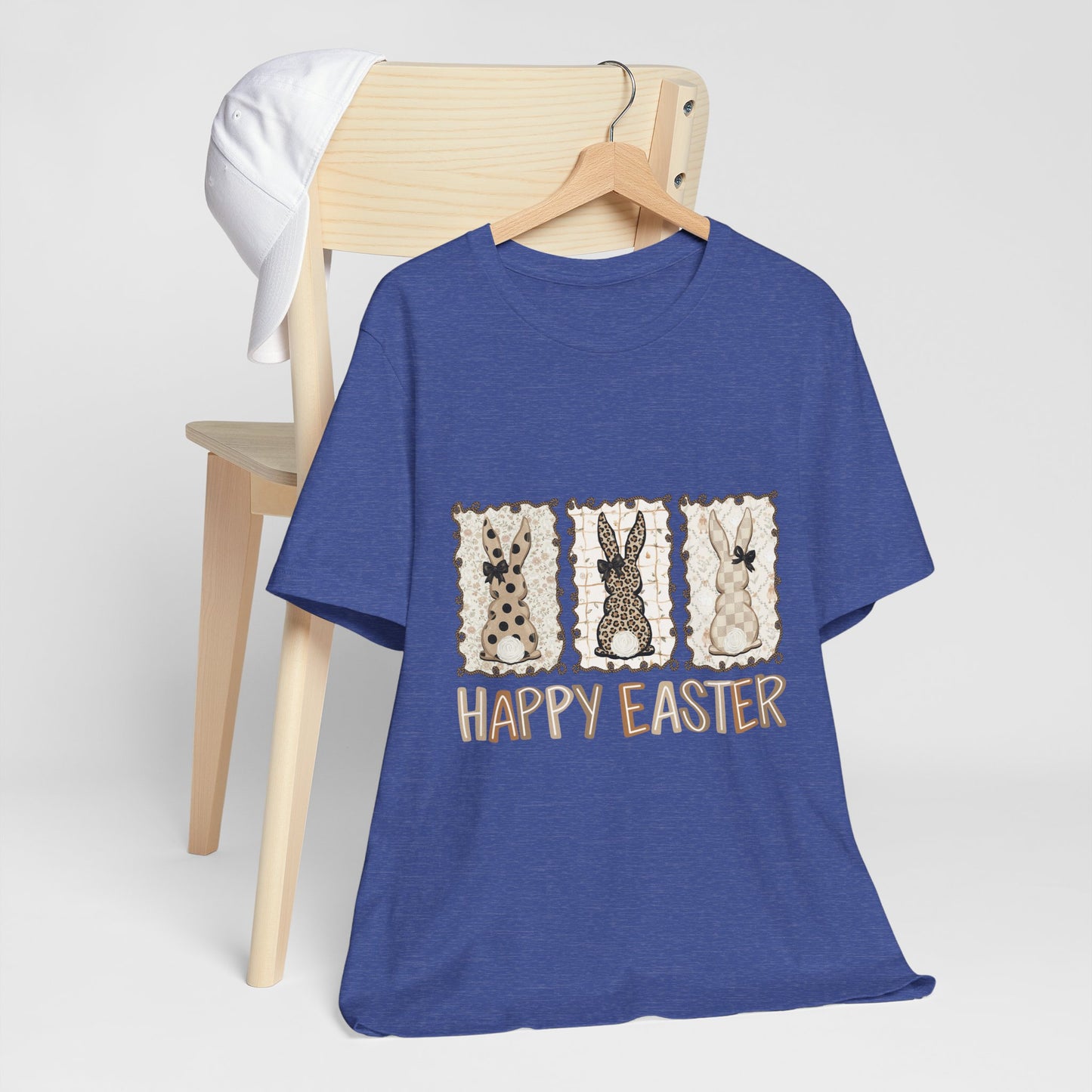 Vintage Patchwork Bunny Trio Happy Easter T-Shirt Neutral Farmhouse Spring Graphic Tee
