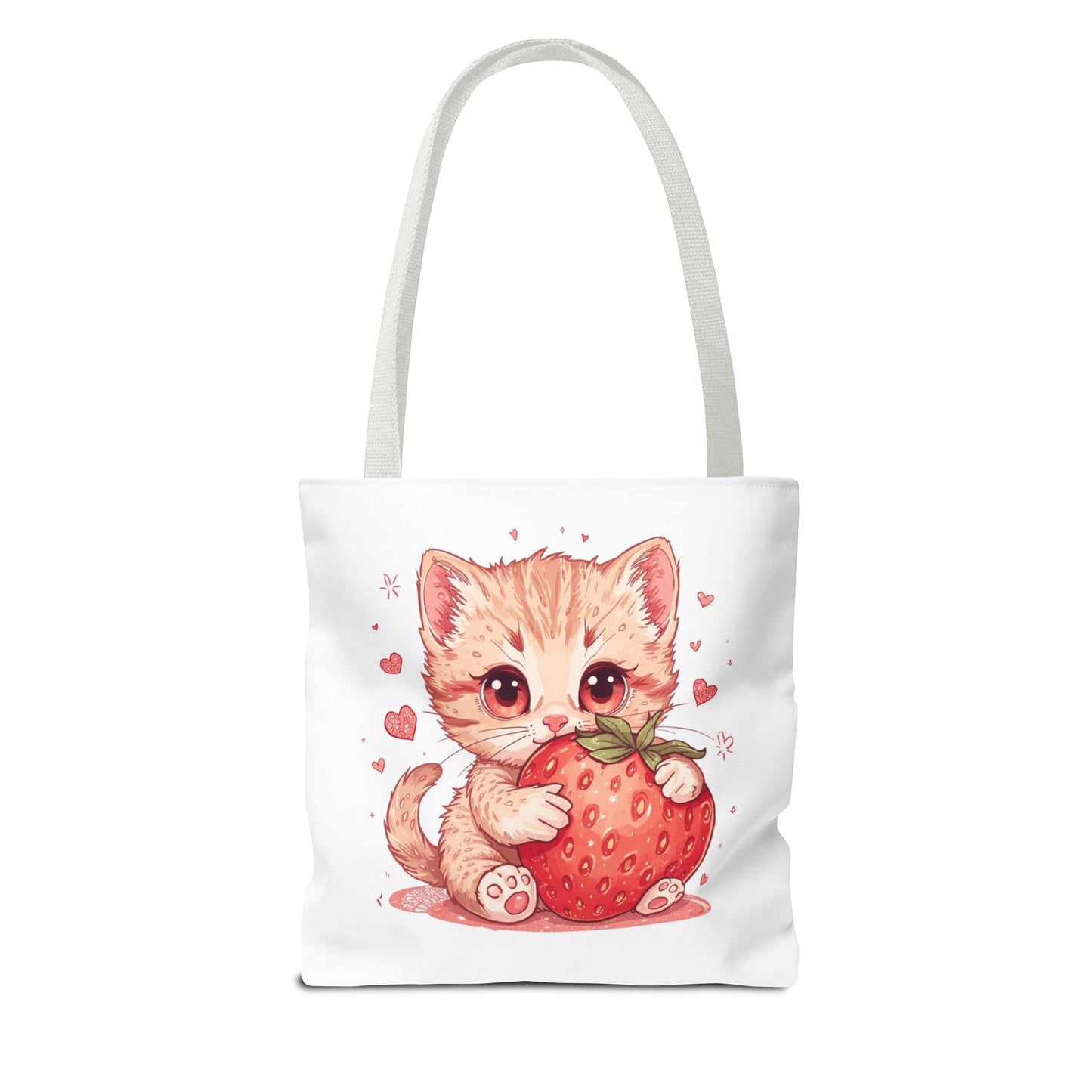 Strawberry Sweet Kitten Whimsical Cat Art Cotton Canvas Tote Bag
