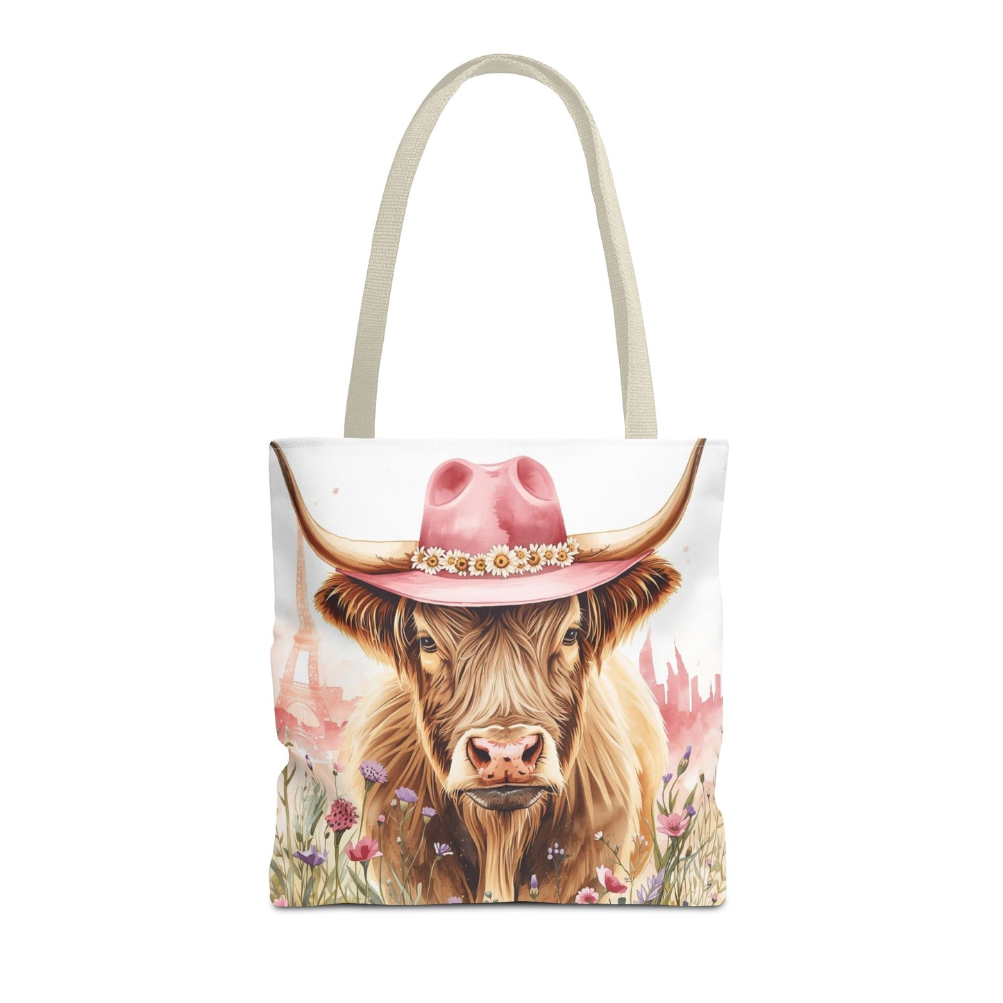 Parisian Highland Cow Whimsical Animal Art Cotton Canvas Tote Bag