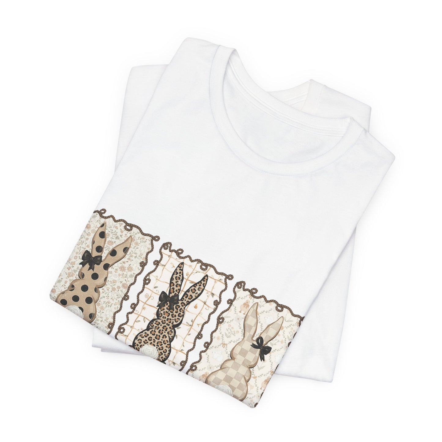 Vintage Patchwork Bunny Trio Happy Easter T-Shirt Neutral Farmhouse Spring Graphic Tee