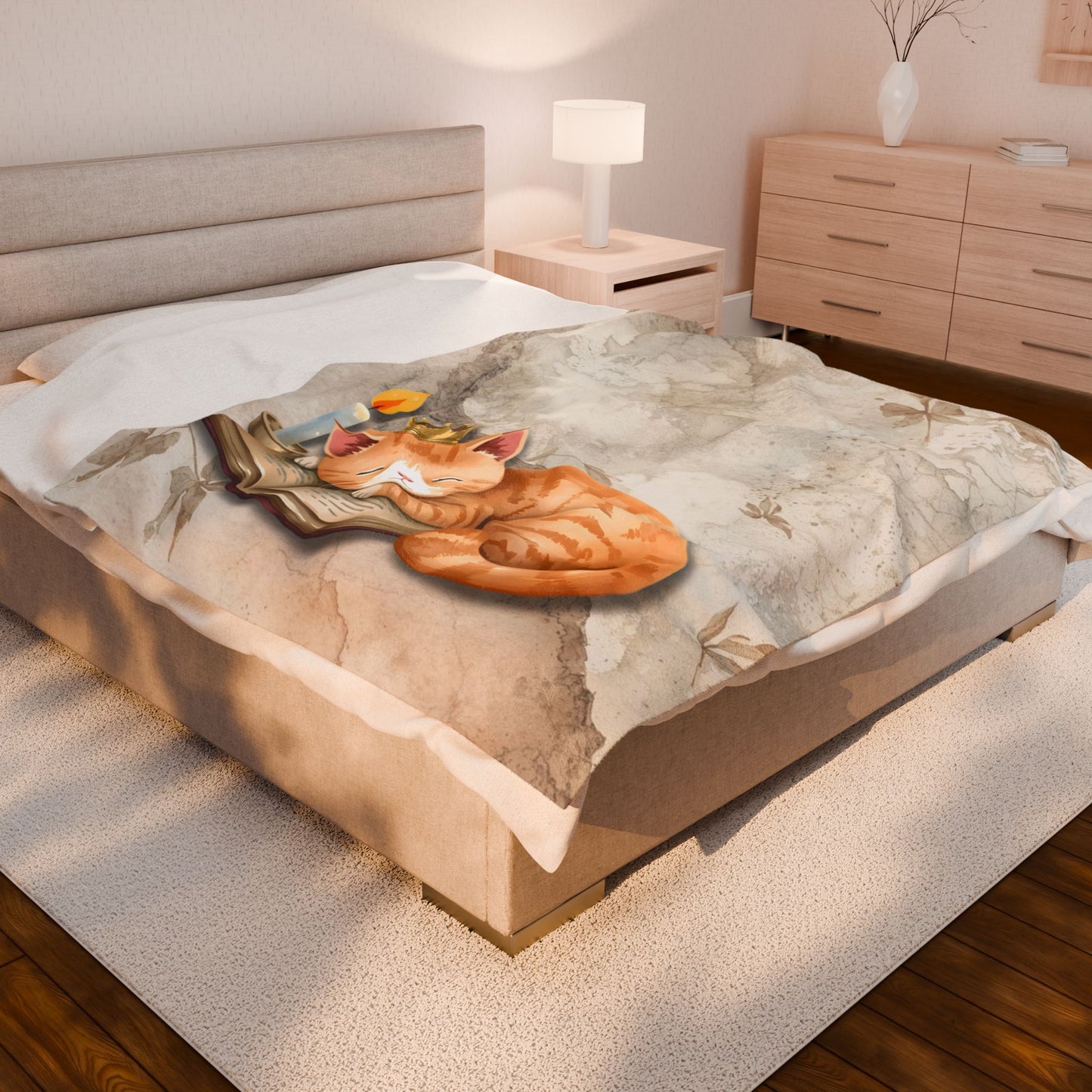 Once Upon a Nap Storybook Sleeping Cat Cozy Velveteen Blanket – Soft Neutral Cat Lover Home Decor Plush Throw