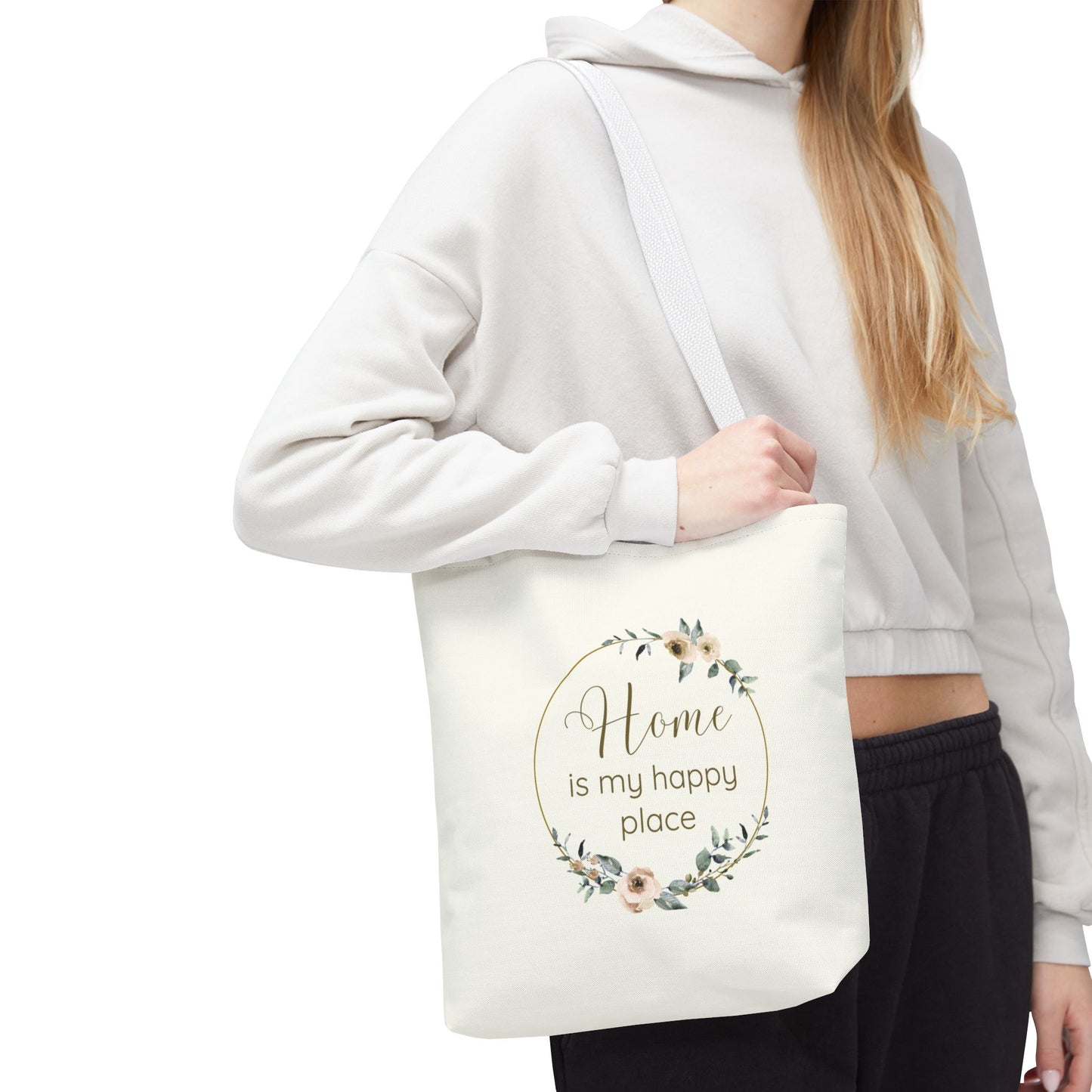 Home Is My Happy Place - Soft Floral Neutral Cotton Canvas Tote Bag