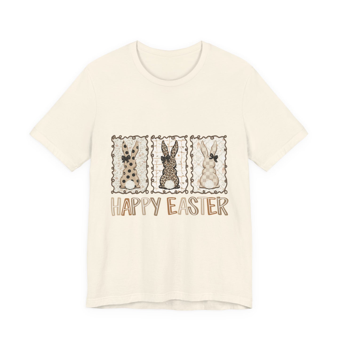 Vintage Patchwork Bunny Trio Happy Easter T-Shirt Neutral Farmhouse Spring Graphic Tee