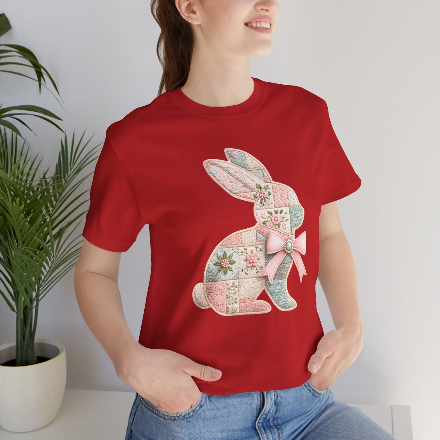 Pastel Patchwork Bunny with Satin Bow Spring Design Easter T-shirt