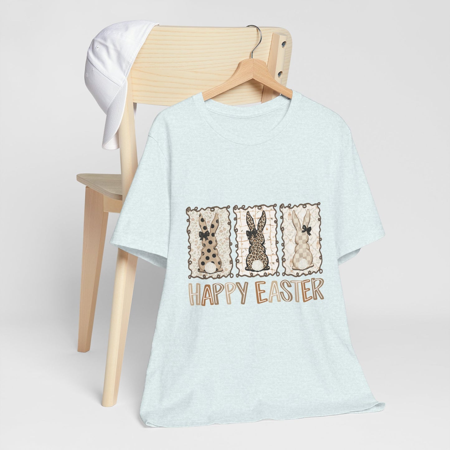 Vintage Patchwork Bunny Trio Happy Easter T-Shirt Neutral Farmhouse Spring Graphic Tee