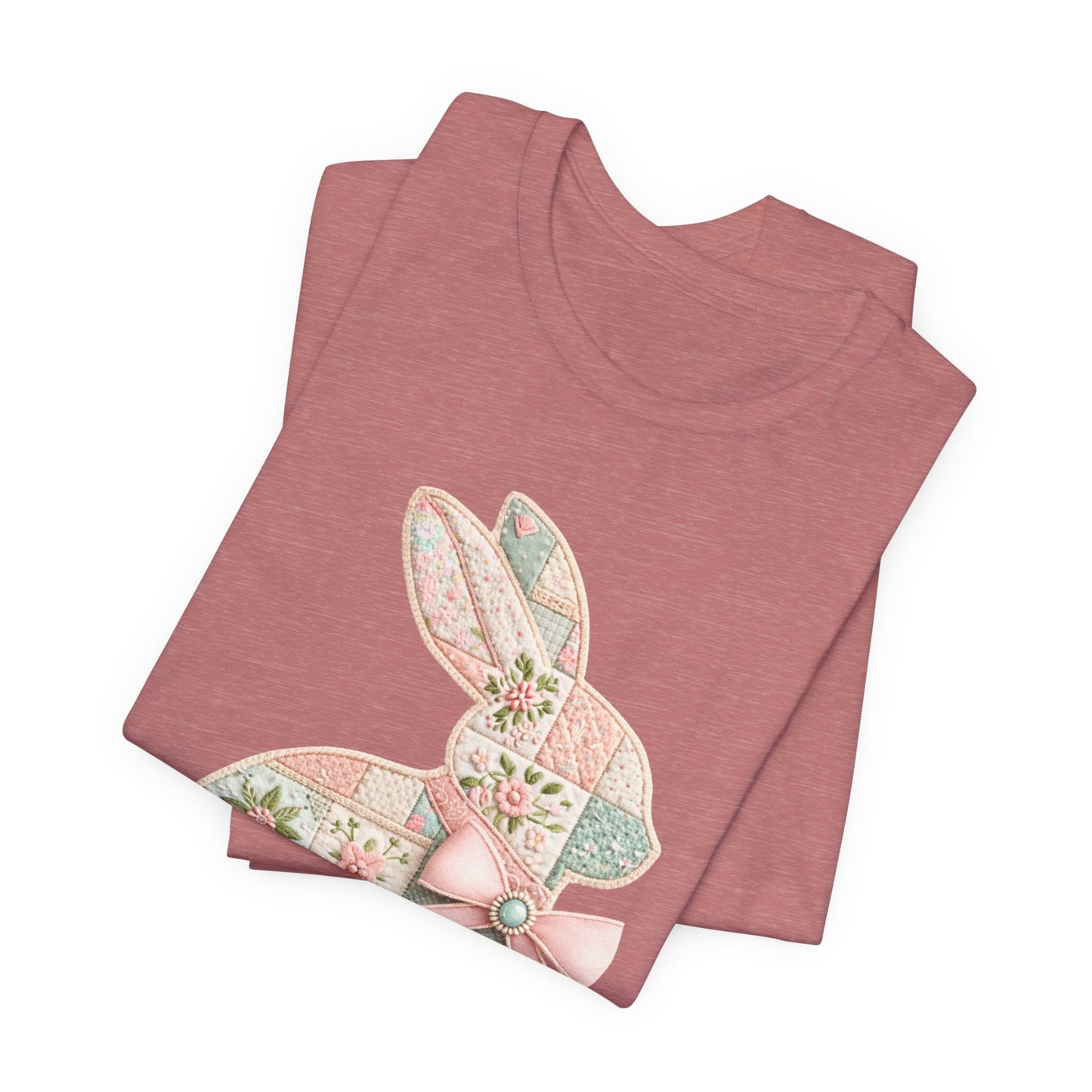 Pastel Patchwork Bunny with Satin Bow Spring Design Easter T-shirt