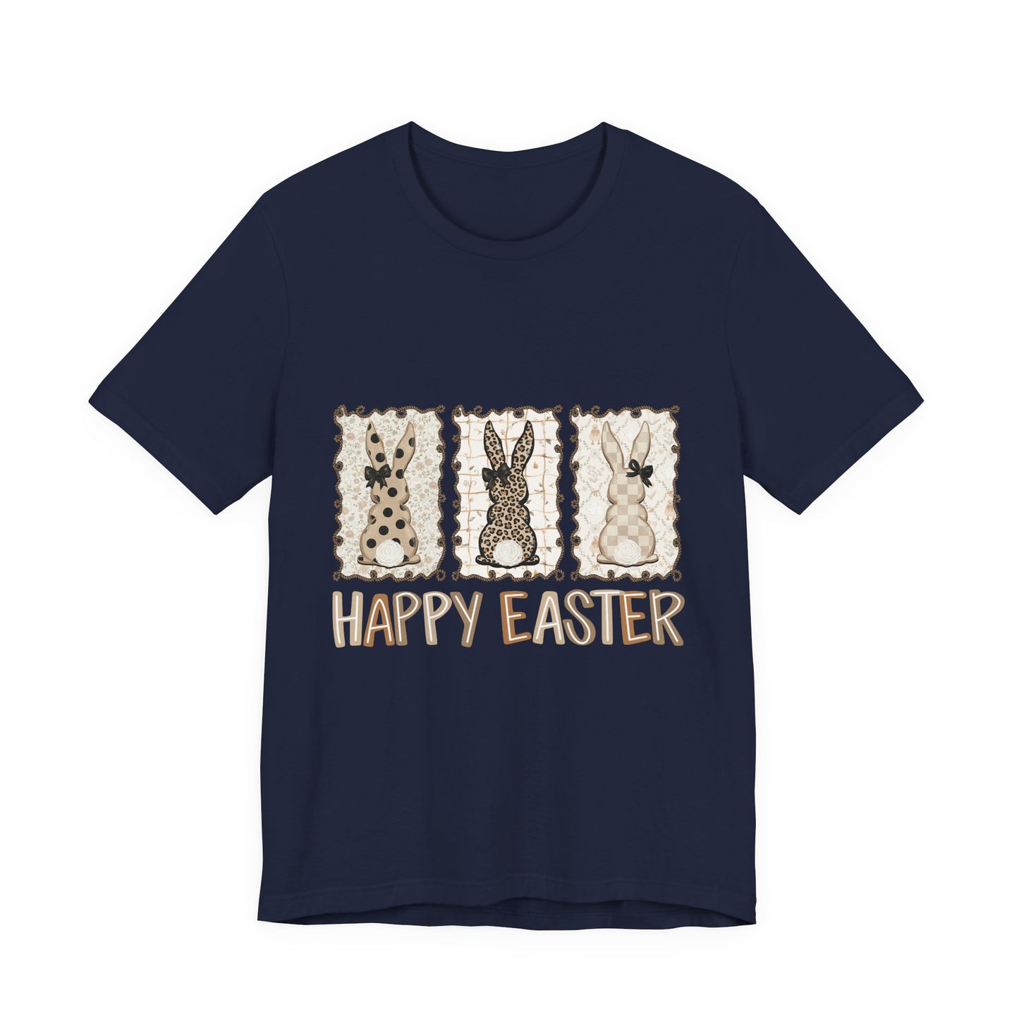 Vintage Patchwork Bunny Trio Happy Easter T-Shirt Neutral Farmhouse Spring Graphic Tee