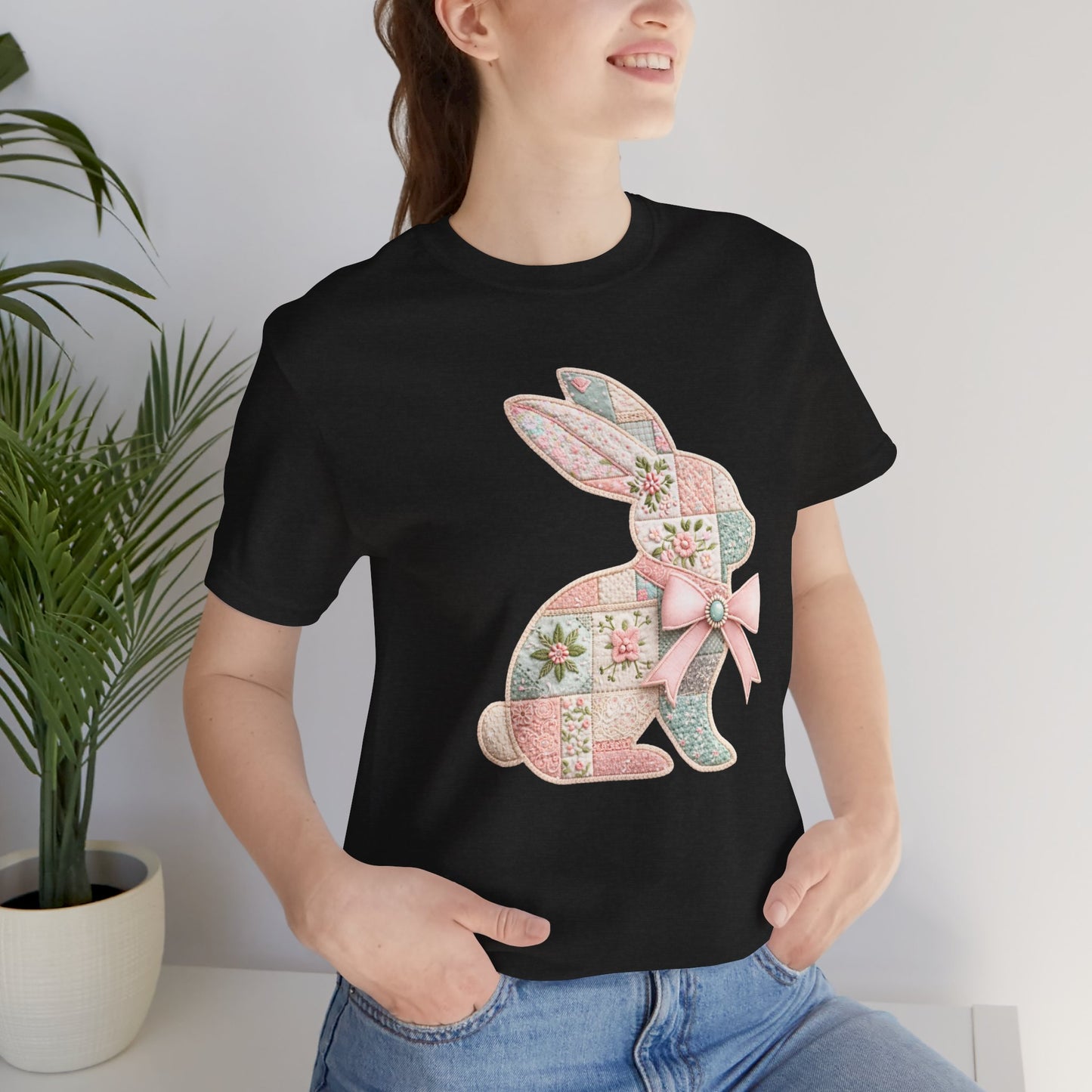 Pastel Patchwork Bunny with Satin Bow Spring Design Easter T-shirt