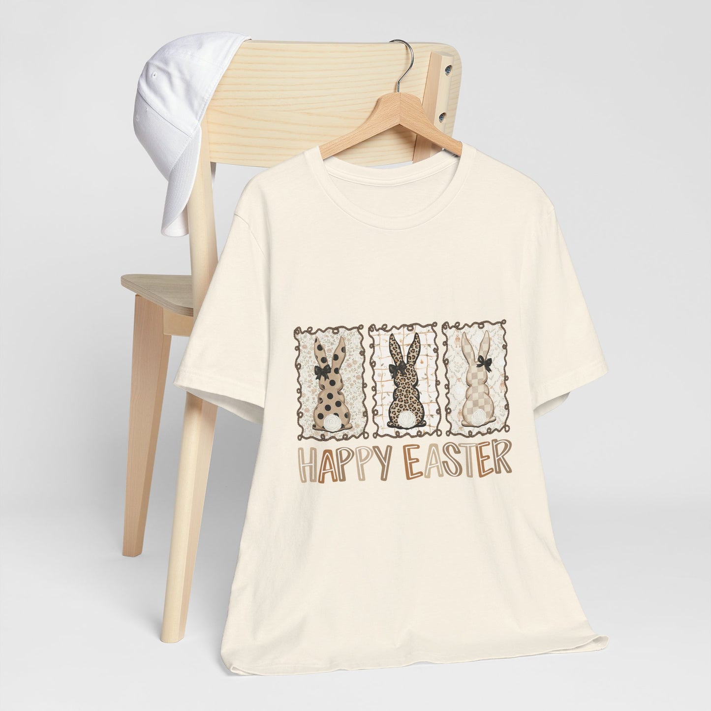 Vintage Patchwork Bunny Trio Happy Easter T-Shirt Neutral Farmhouse Spring Graphic Tee