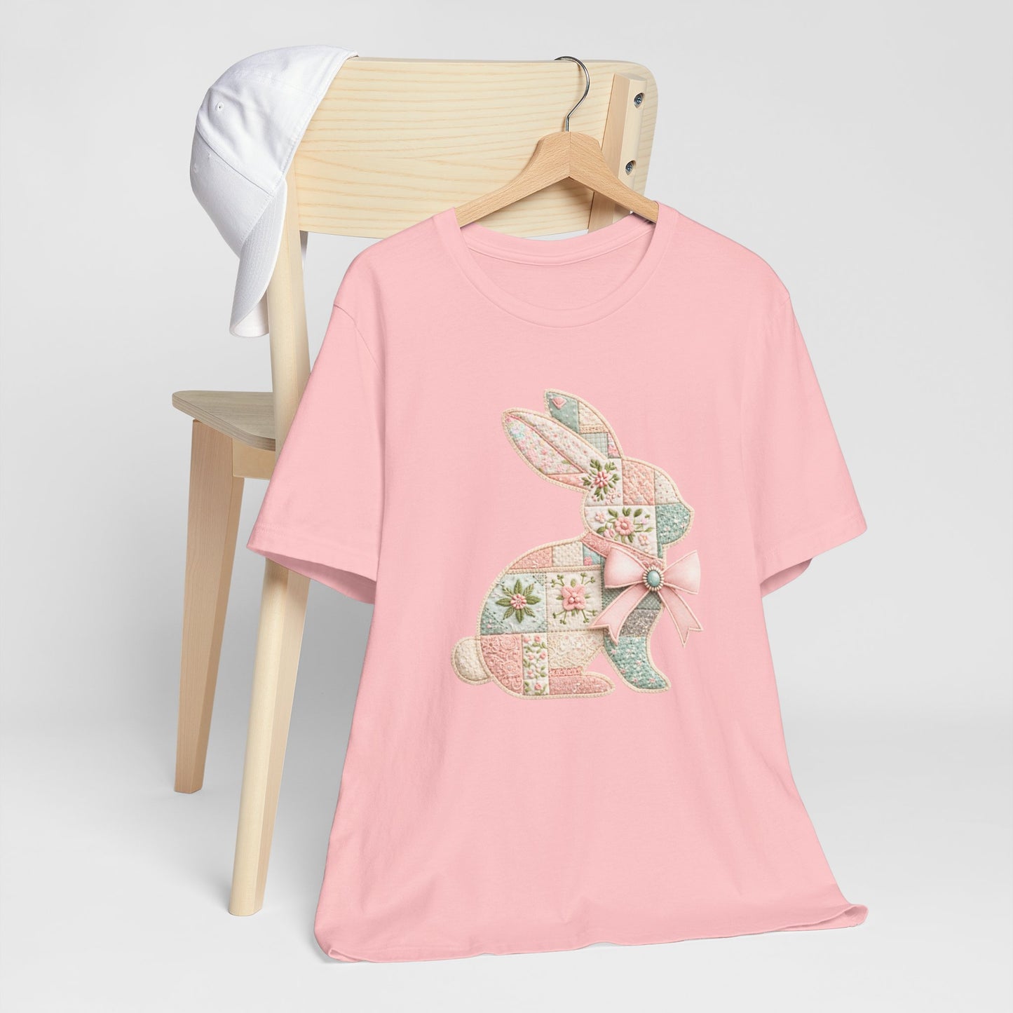 Pastel Patchwork Bunny with Satin Bow Spring Design Easter T-shirt