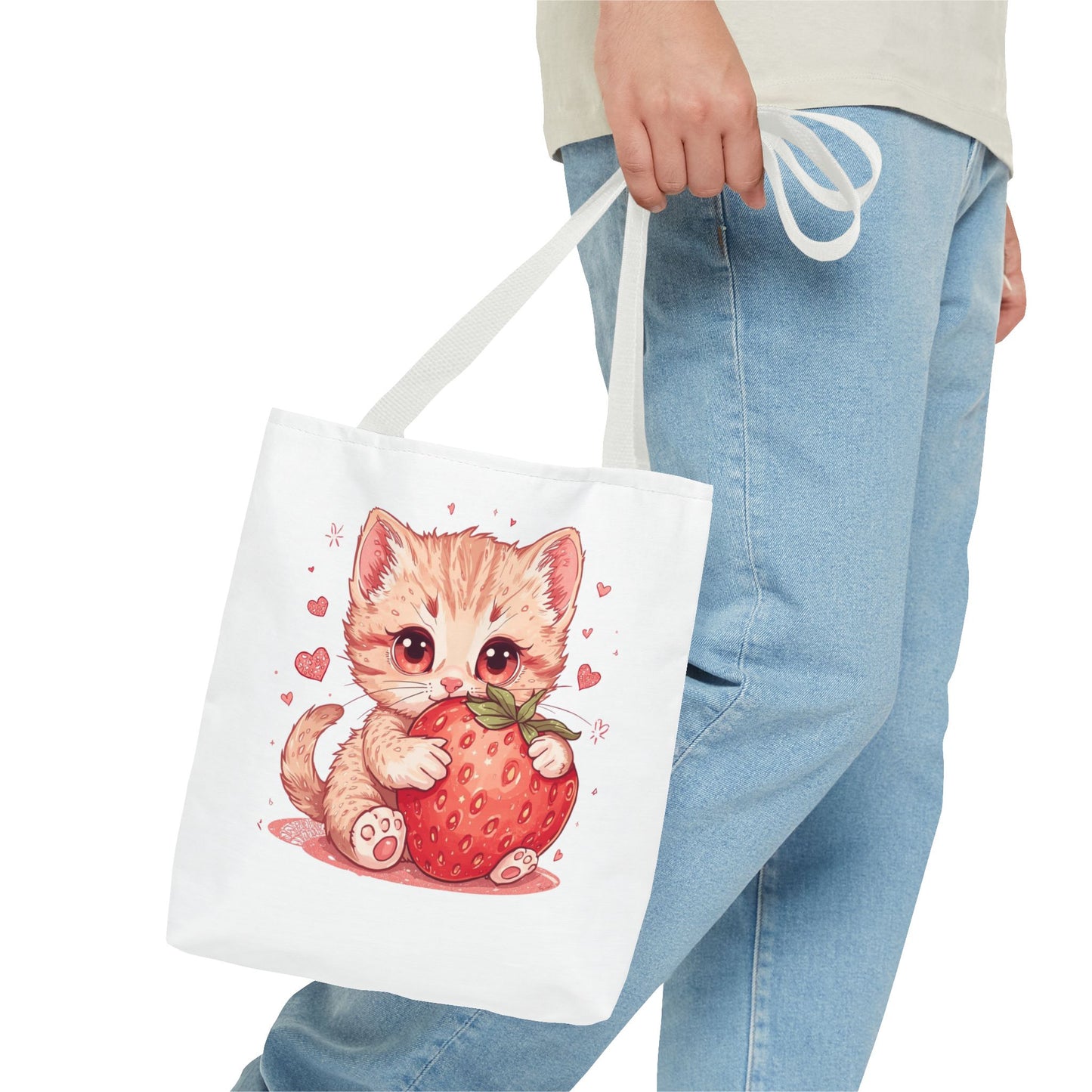 Strawberry Sweet Kitten Whimsical Cat Art Cotton Canvas Tote Bag