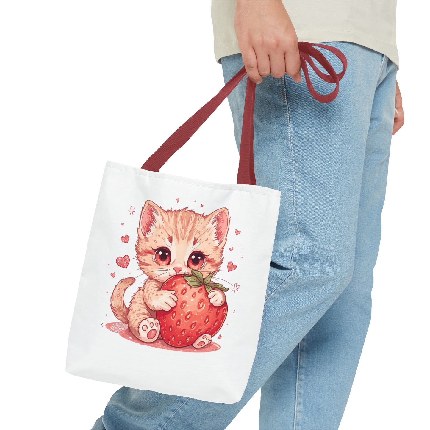 Strawberry Sweet Kitten Whimsical Cat Art Cotton Canvas Tote Bag