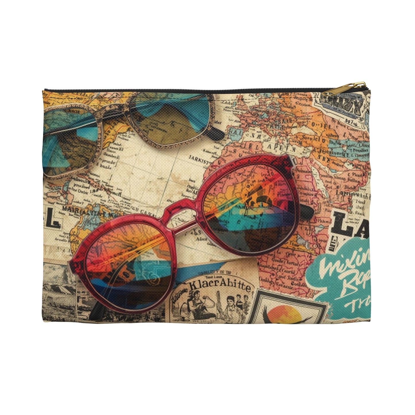 Retro Map & Sunglasses Adventure Travel & Passport Pouch