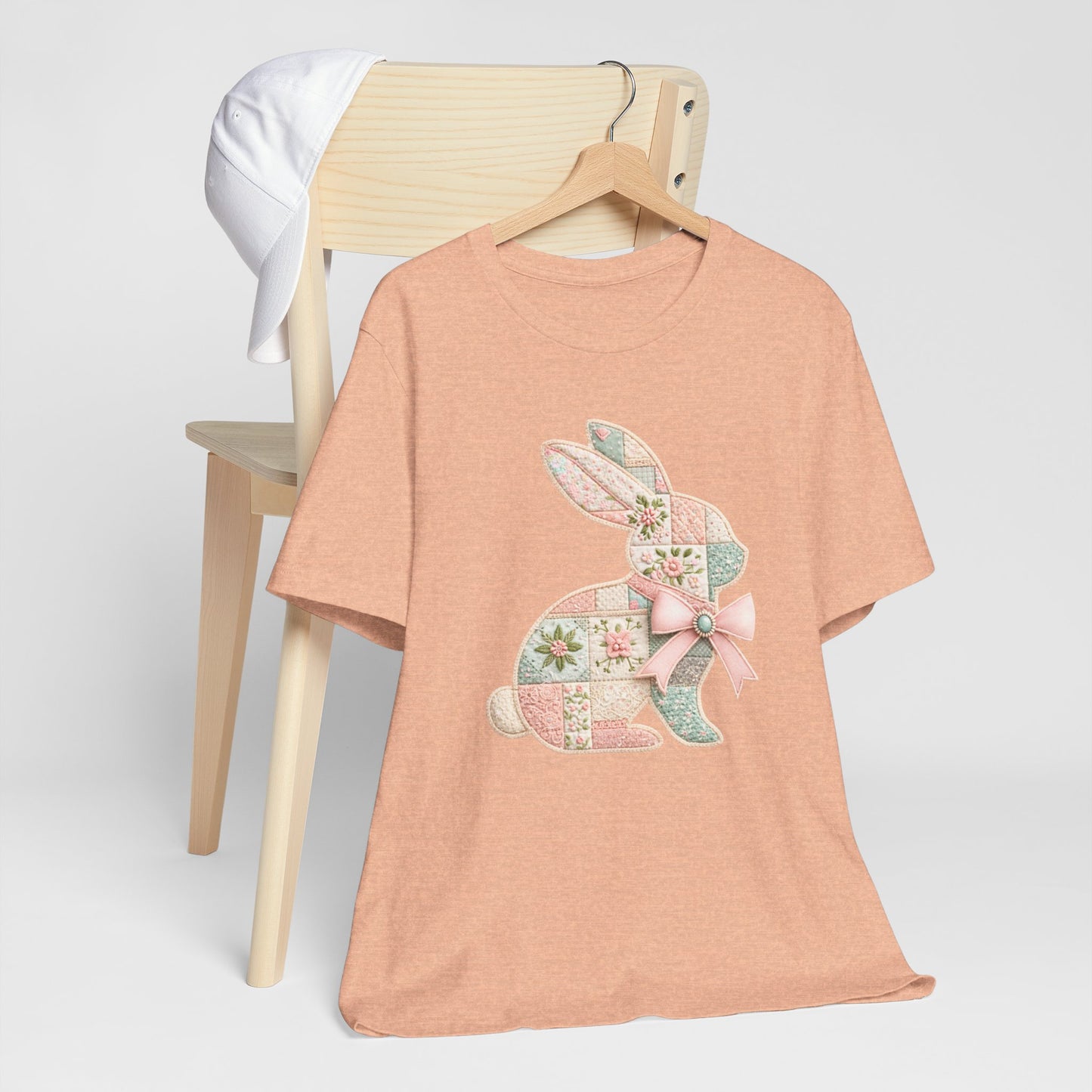 Pastel Patchwork Bunny with Satin Bow Spring Design Easter T-shirt
