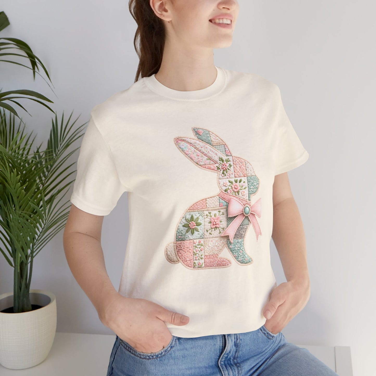 Pastel Patchwork Bunny with Satin Bow Spring Design Easter T-shirt
