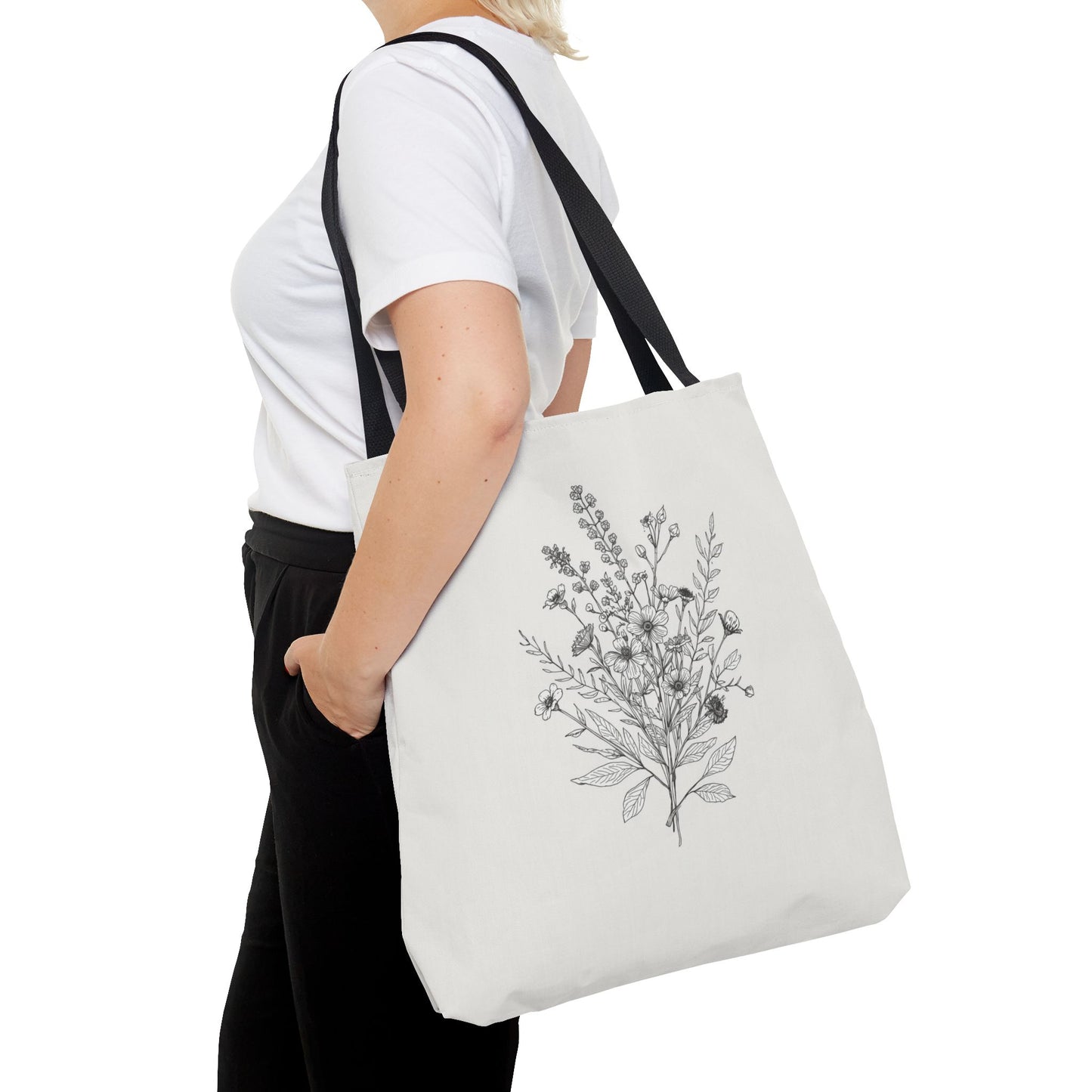 Elegant Floral Line Art Illustration Cotton Canvas Tote Bag