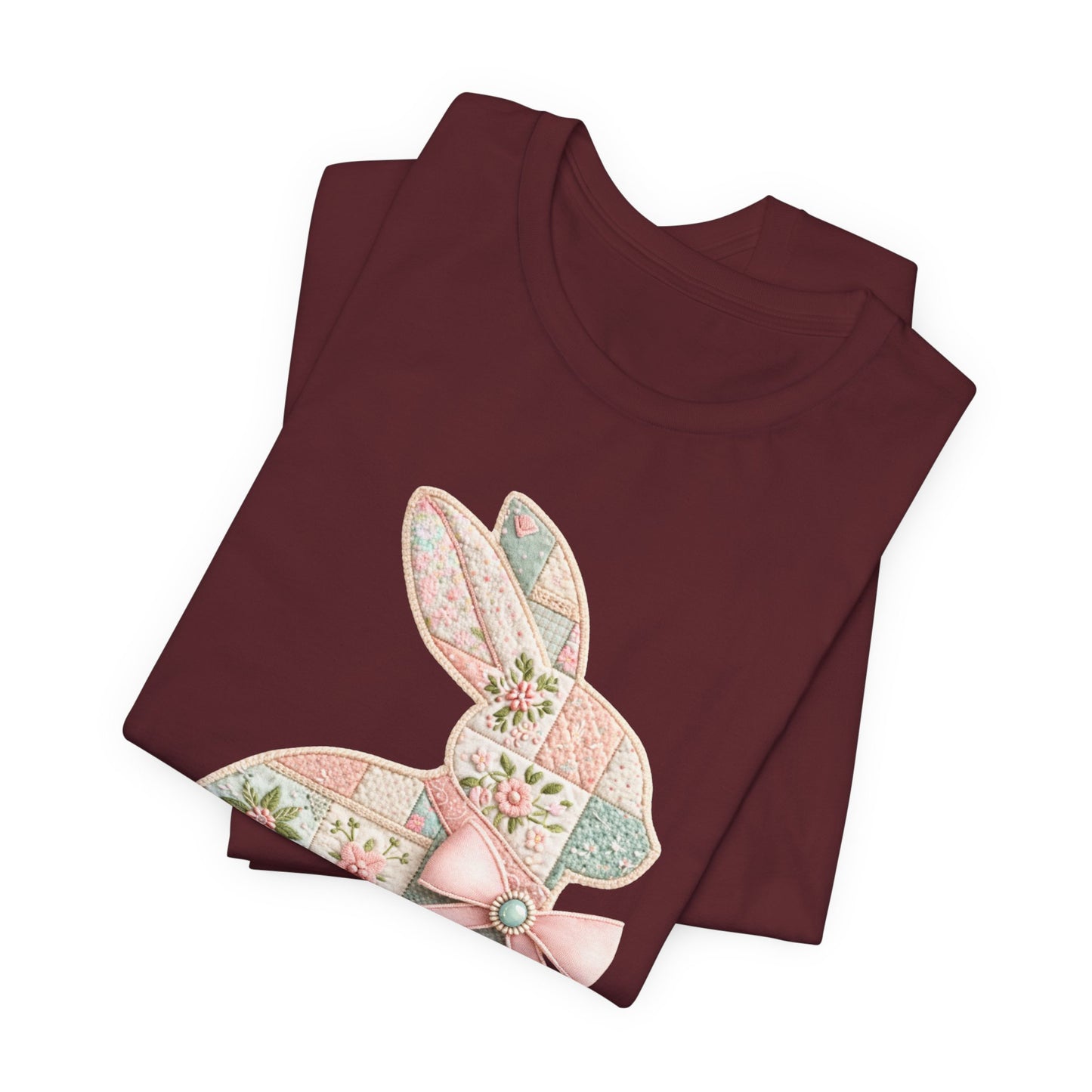 Pastel Patchwork Bunny with Satin Bow Spring Design Easter T-shirt