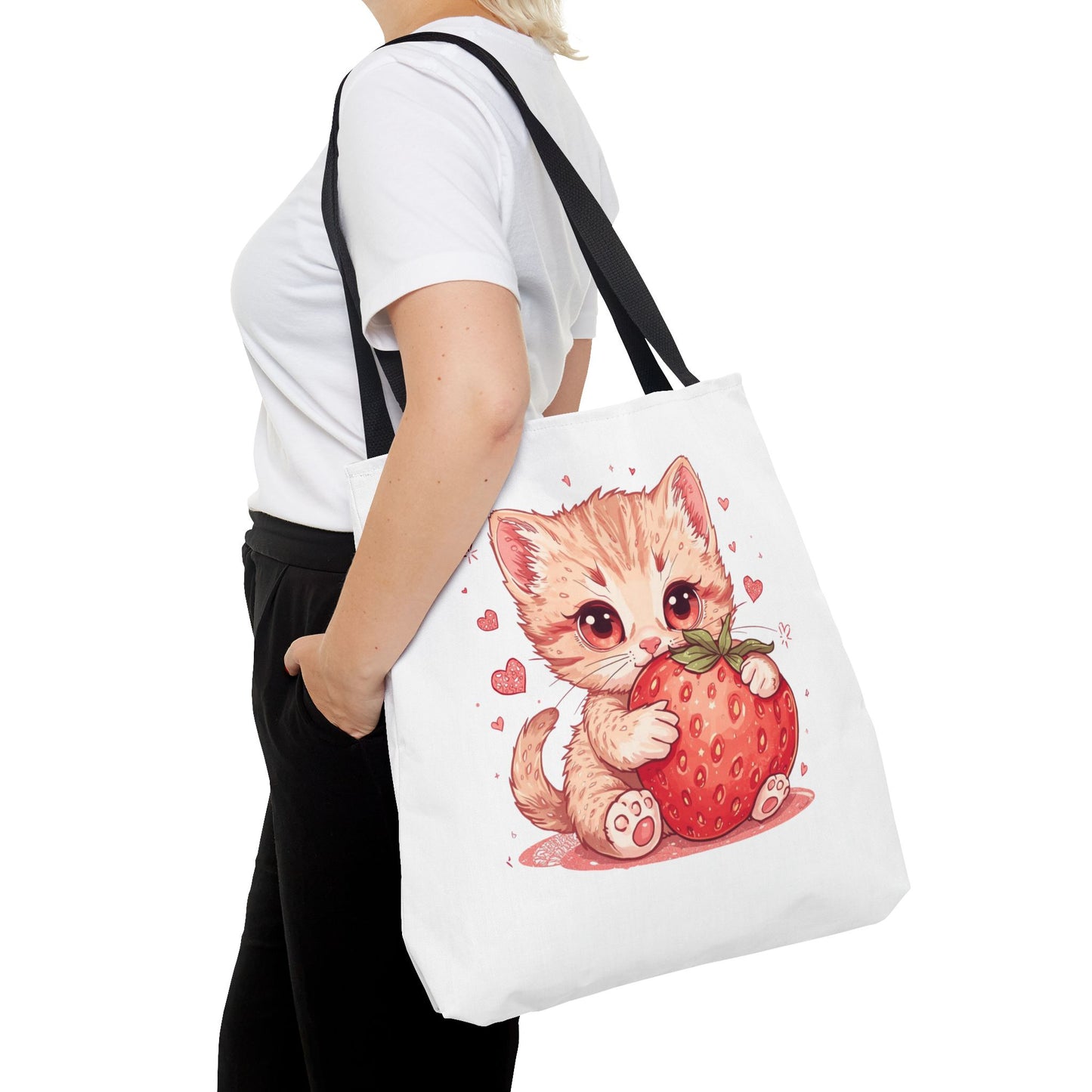 Strawberry Sweet Kitten Whimsical Cat Art Cotton Canvas Tote Bag