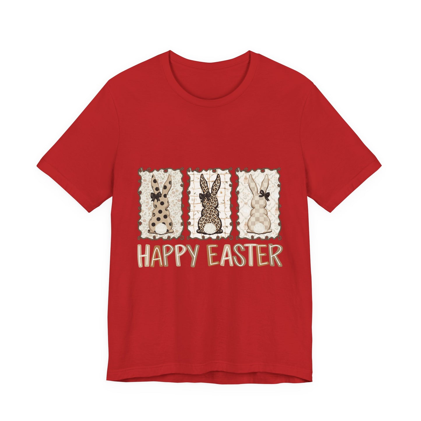 Vintage Patchwork Bunny Trio Happy Easter T-Shirt Neutral Farmhouse Spring Graphic Tee