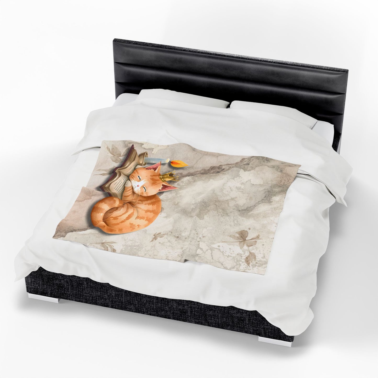 Once Upon a Nap Storybook Sleeping Cat Cozy Velveteen Blanket – Soft Neutral Cat Lover Home Decor Plush Throw