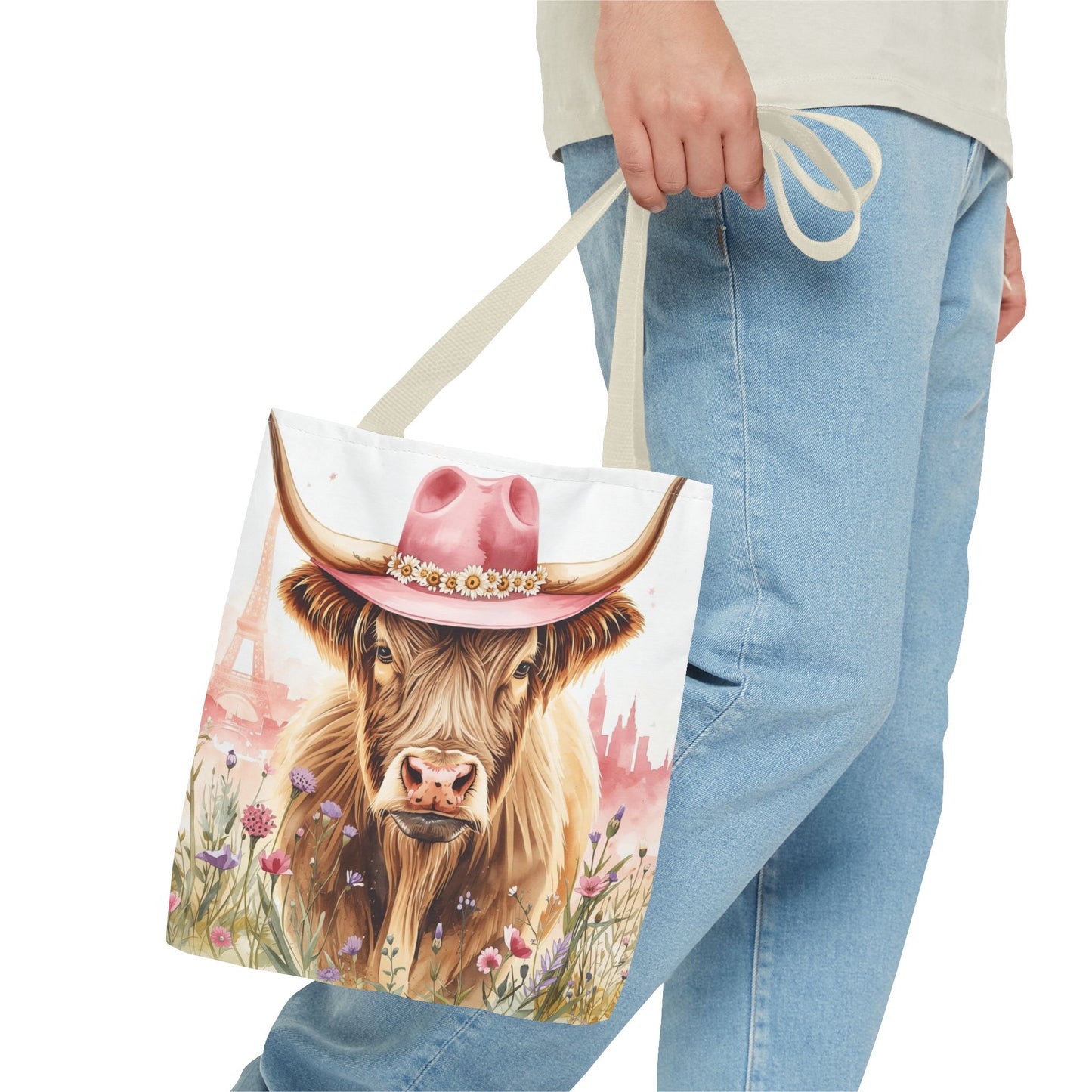Parisian Highland Cow Whimsical Animal Art Cotton Canvas Tote Bag