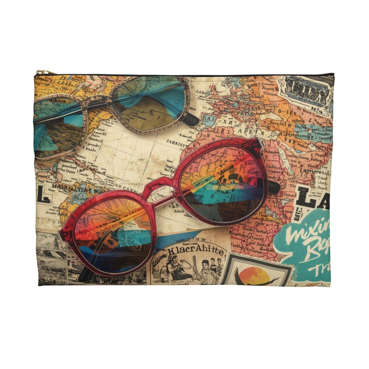 Retro Map & Sunglasses Adventure Travel & Passport Pouch