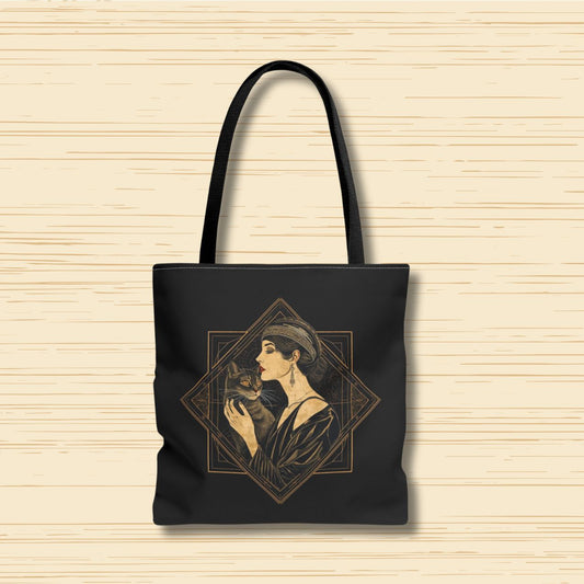 Art Deco Muse & Cat Elegant Vintage Style Cotton Canvas Tote Bag