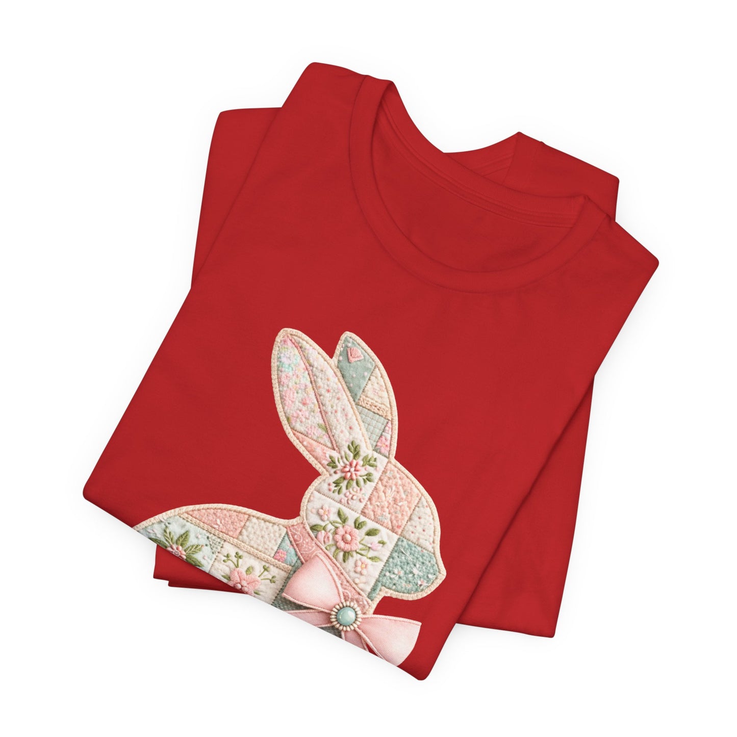 Pastel Patchwork Bunny with Satin Bow Spring Design Easter T-shirt