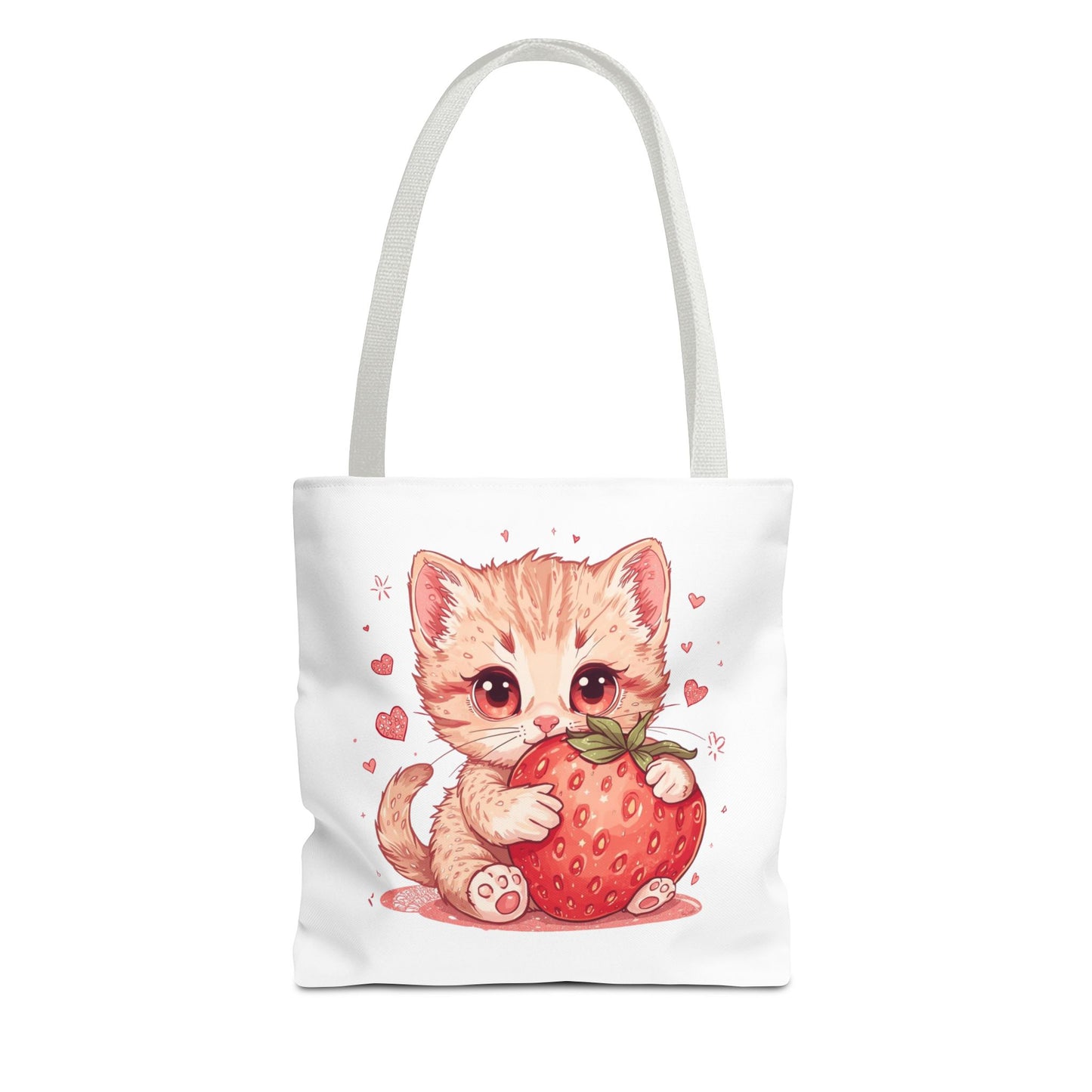 Strawberry Sweet Kitten Whimsical Cat Art Cotton Canvas Tote Bag