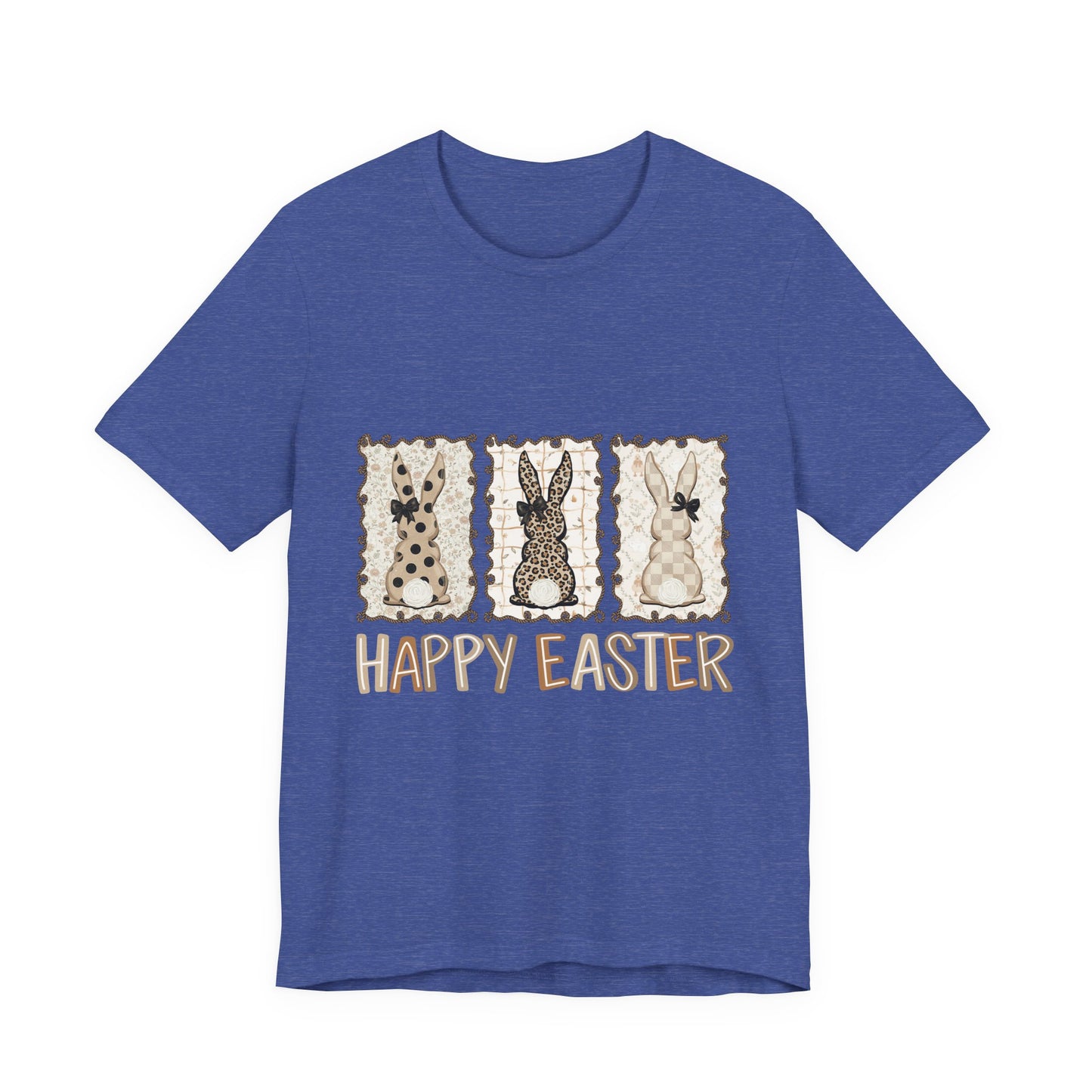 Vintage Patchwork Bunny Trio Happy Easter T-Shirt Neutral Farmhouse Spring Graphic Tee
