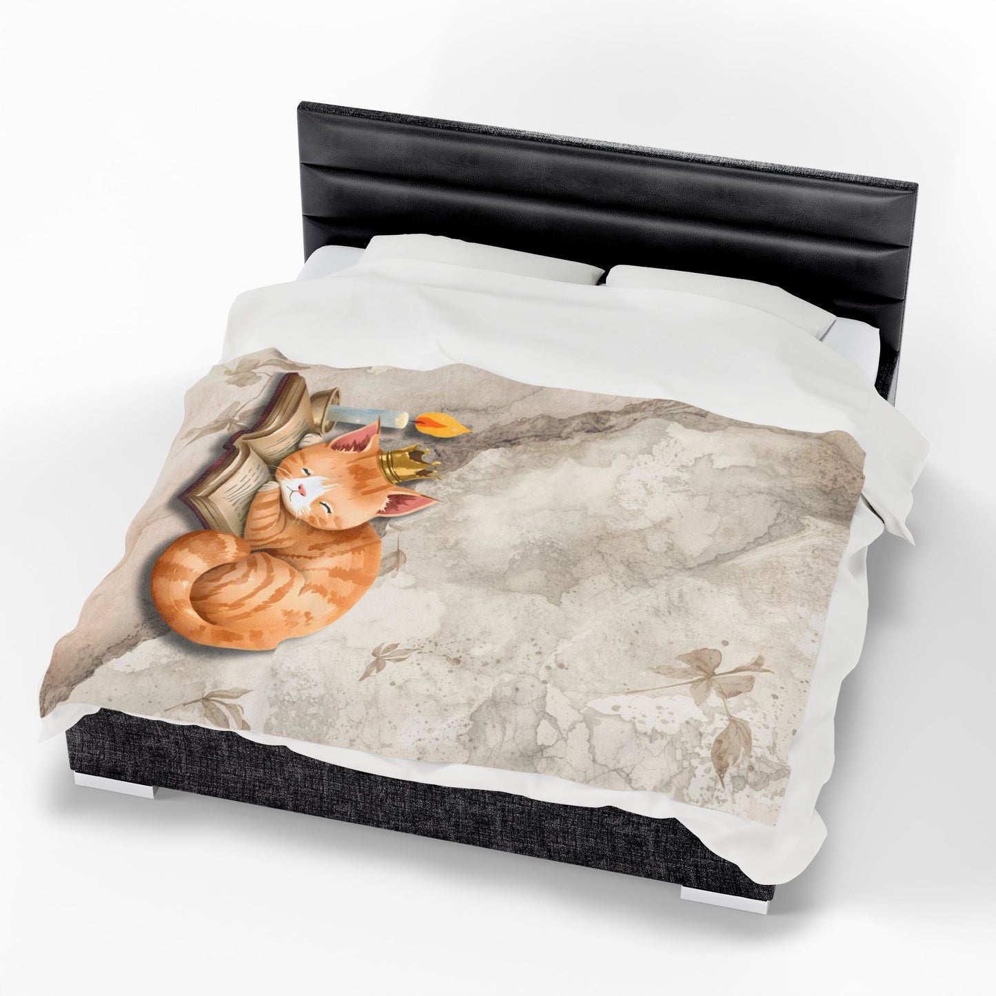 Once Upon a Nap Storybook Sleeping Cat Cozy Velveteen Blanket – Soft Neutral Cat Lover Home Decor Plush Throw