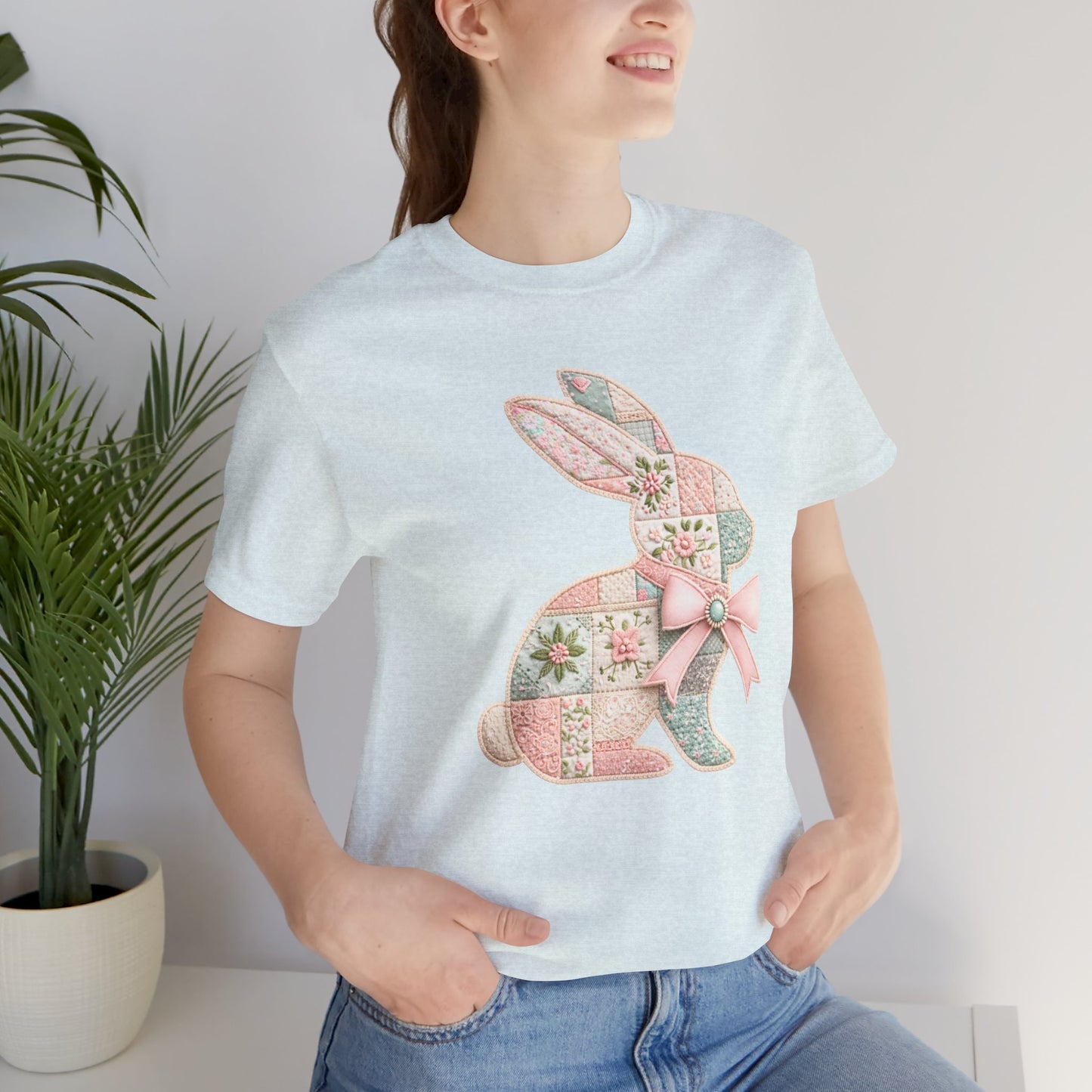 Pastel Patchwork Bunny with Satin Bow Spring Design Easter T-shirt