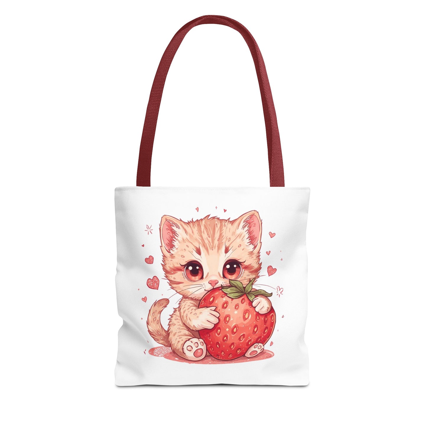 Strawberry Sweet Kitten Whimsical Cat Art Cotton Canvas Tote Bag
