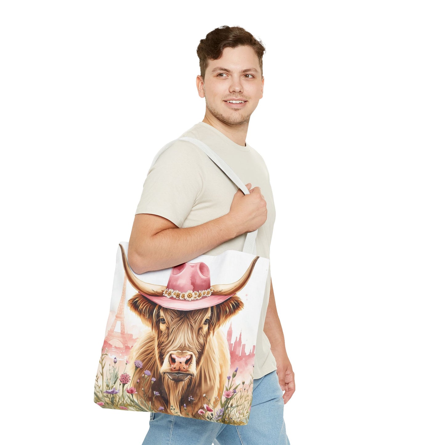 Parisian Highland Cow Whimsical Animal Art Cotton Canvas Tote Bag