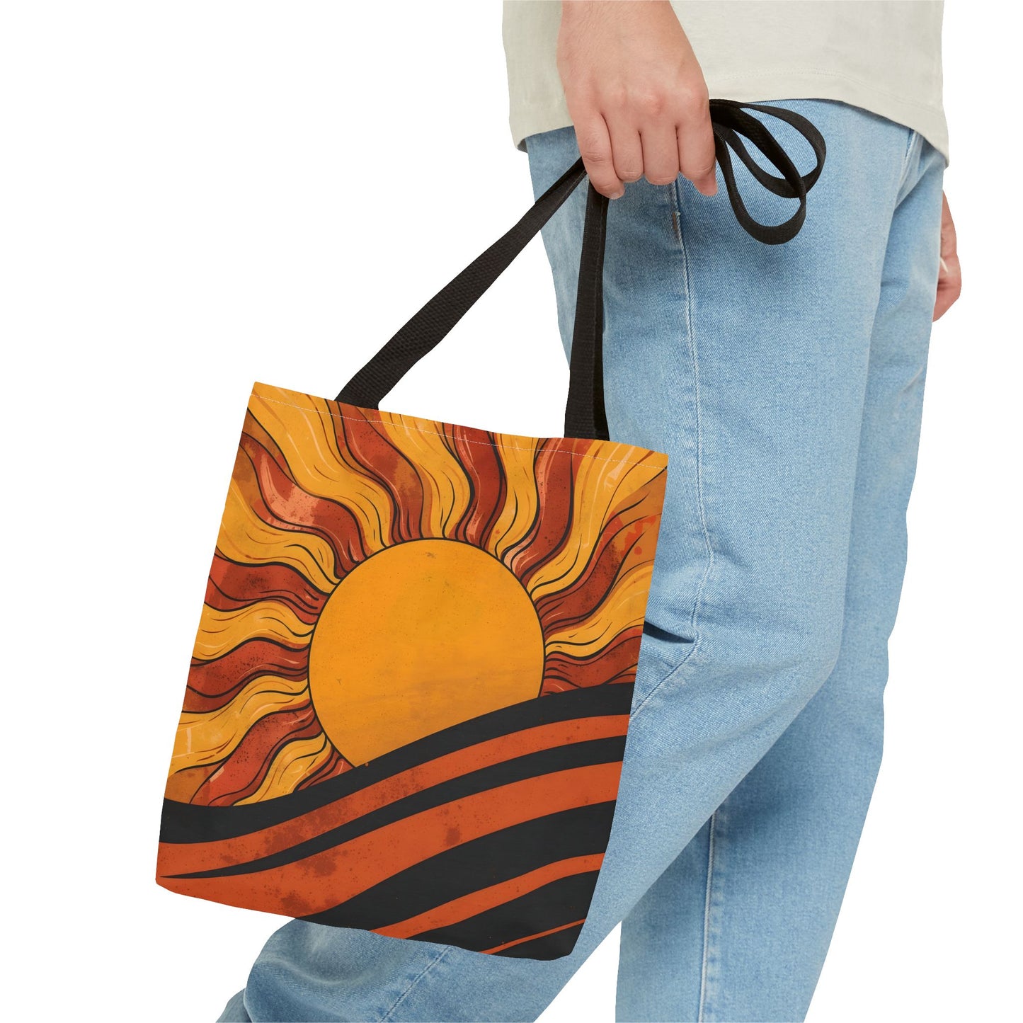 Golden Horizon Retro Sun Abstract Design Cotton Canvas Tote Bag
