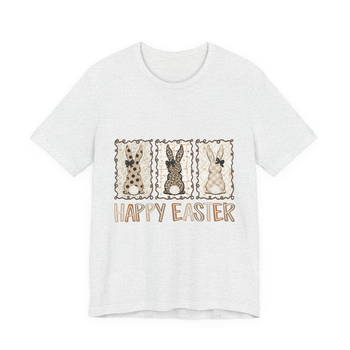 Vintage Patchwork Bunny Trio Happy Easter T-Shirt Neutral Farmhouse Spring Graphic Tee