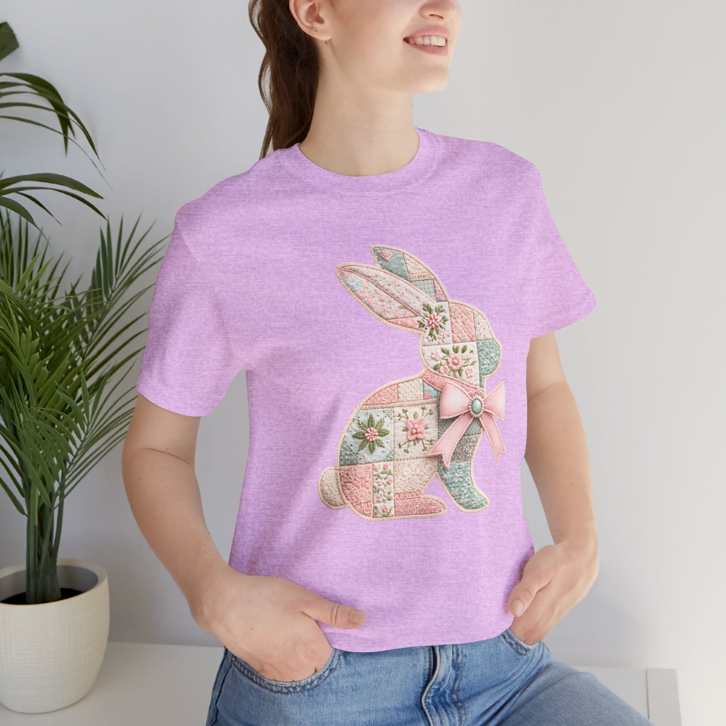 Pastel Patchwork Bunny with Satin Bow Spring Design Easter T-shirt