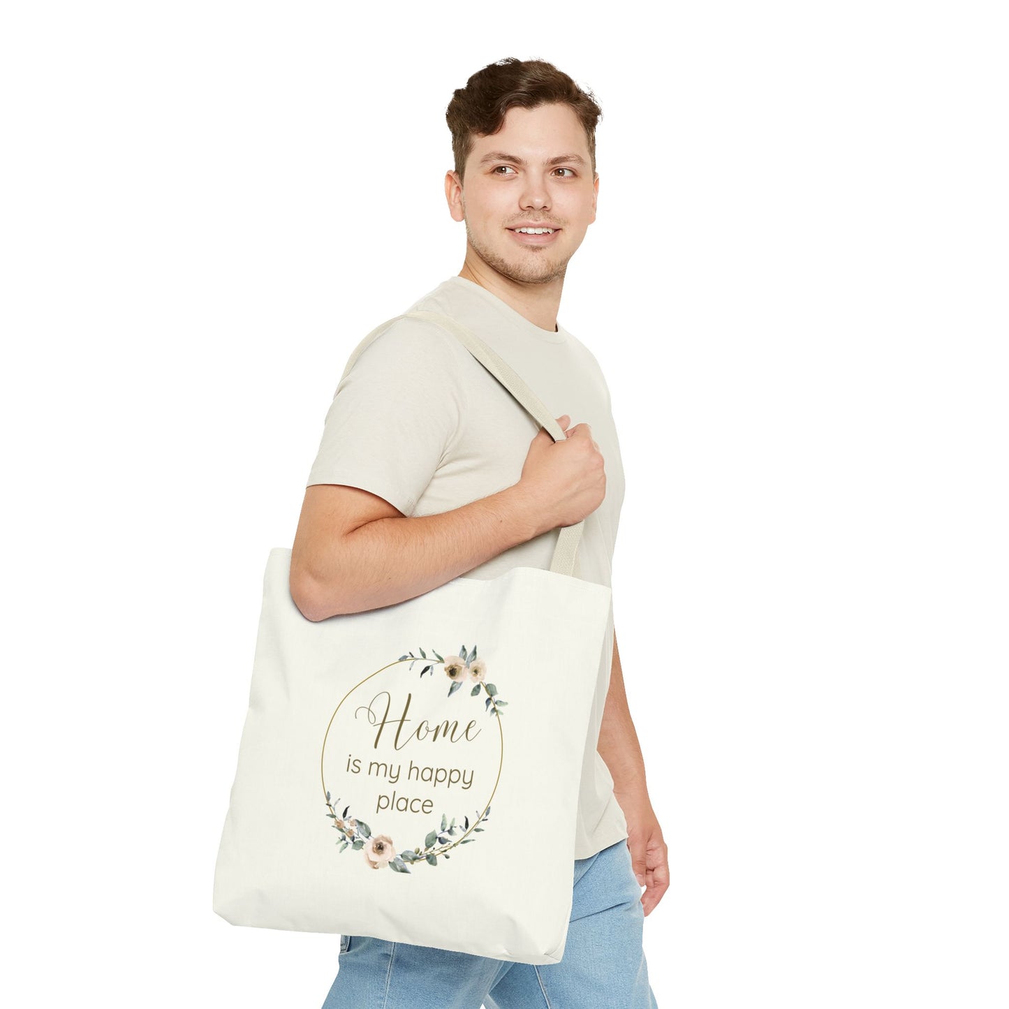 Home Is My Happy Place - Soft Floral Neutral Cotton Canvas Tote Bag