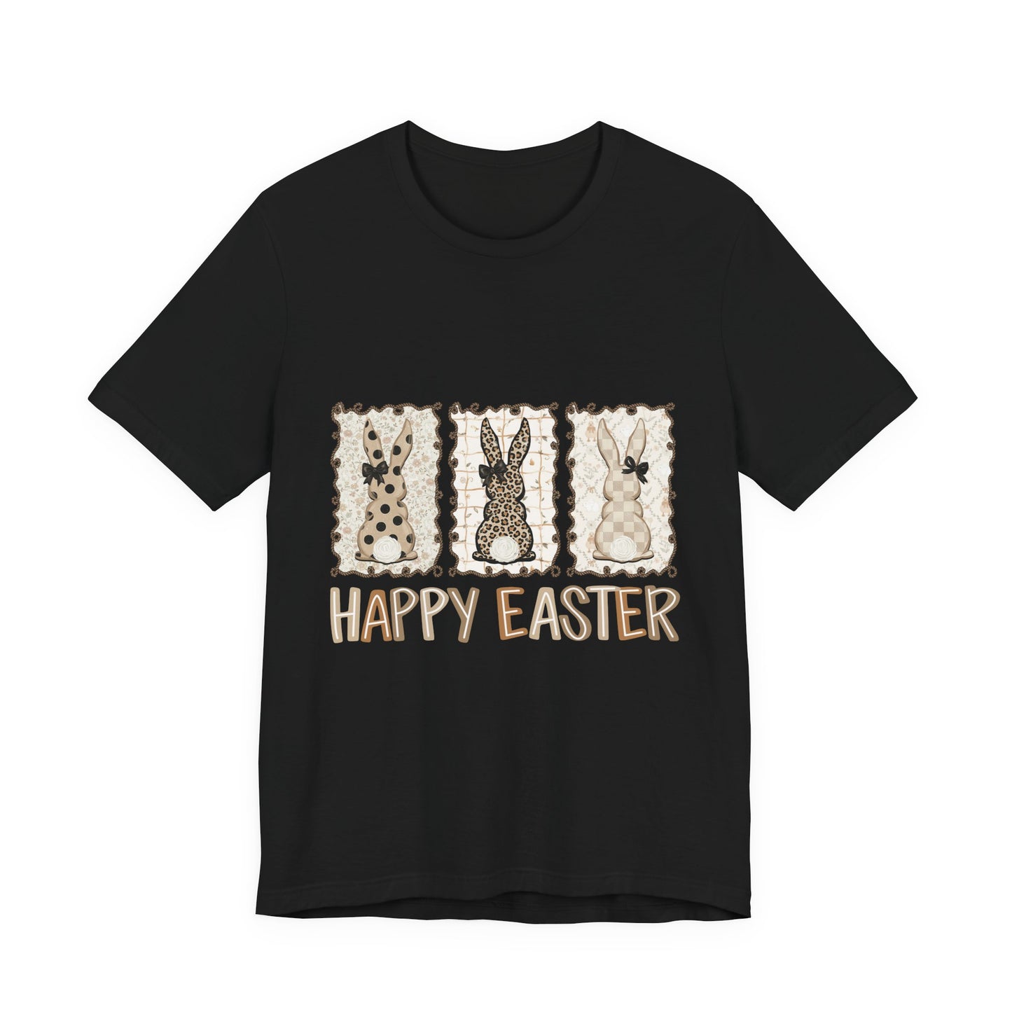 Vintage Patchwork Bunny Trio Happy Easter T-Shirt Neutral Farmhouse Spring Graphic Tee