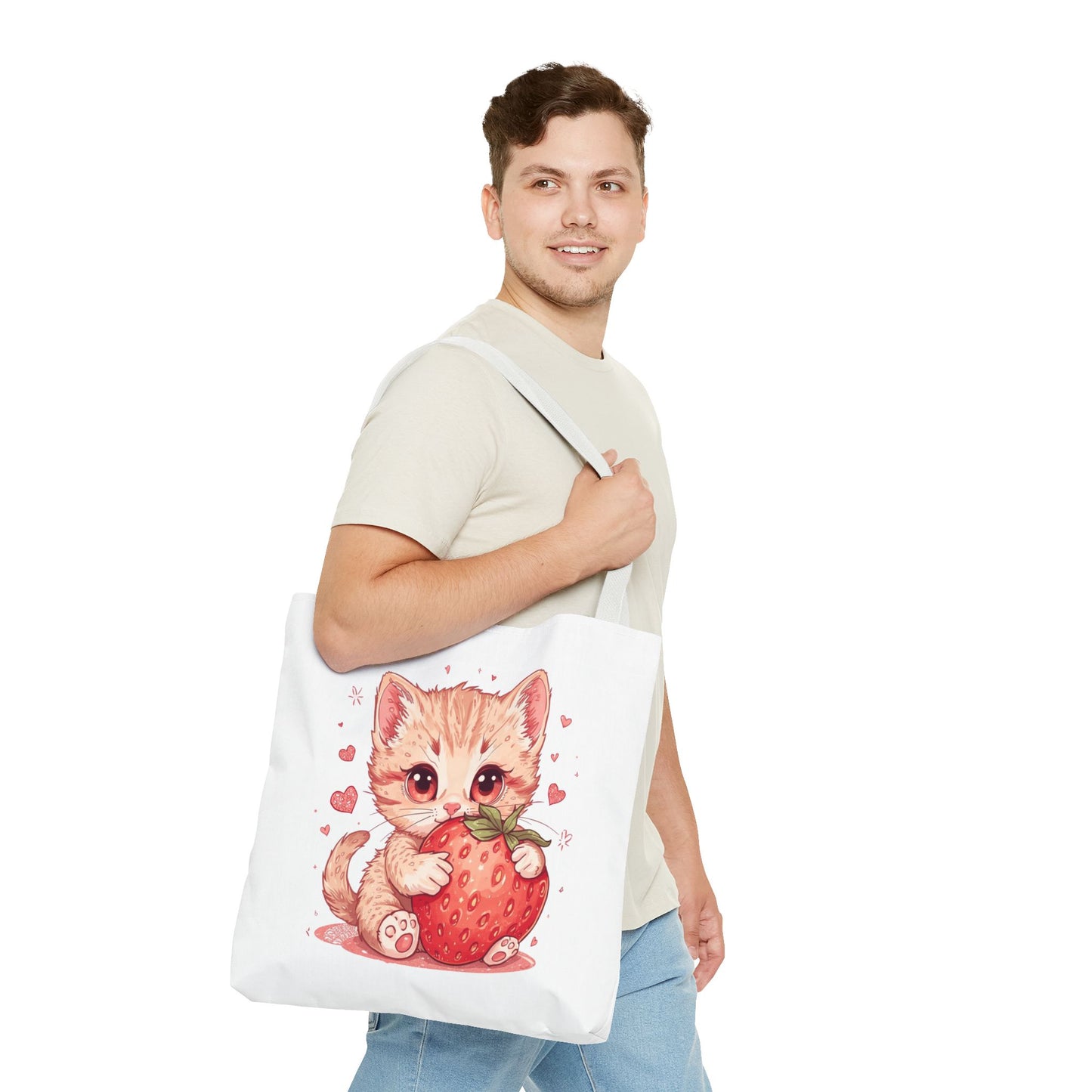 Strawberry Sweet Kitten Whimsical Cat Art Cotton Canvas Tote Bag