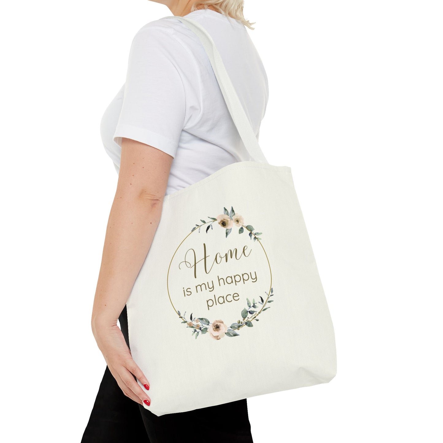 Home Is My Happy Place - Soft Floral Neutral Cotton Canvas Tote Bag