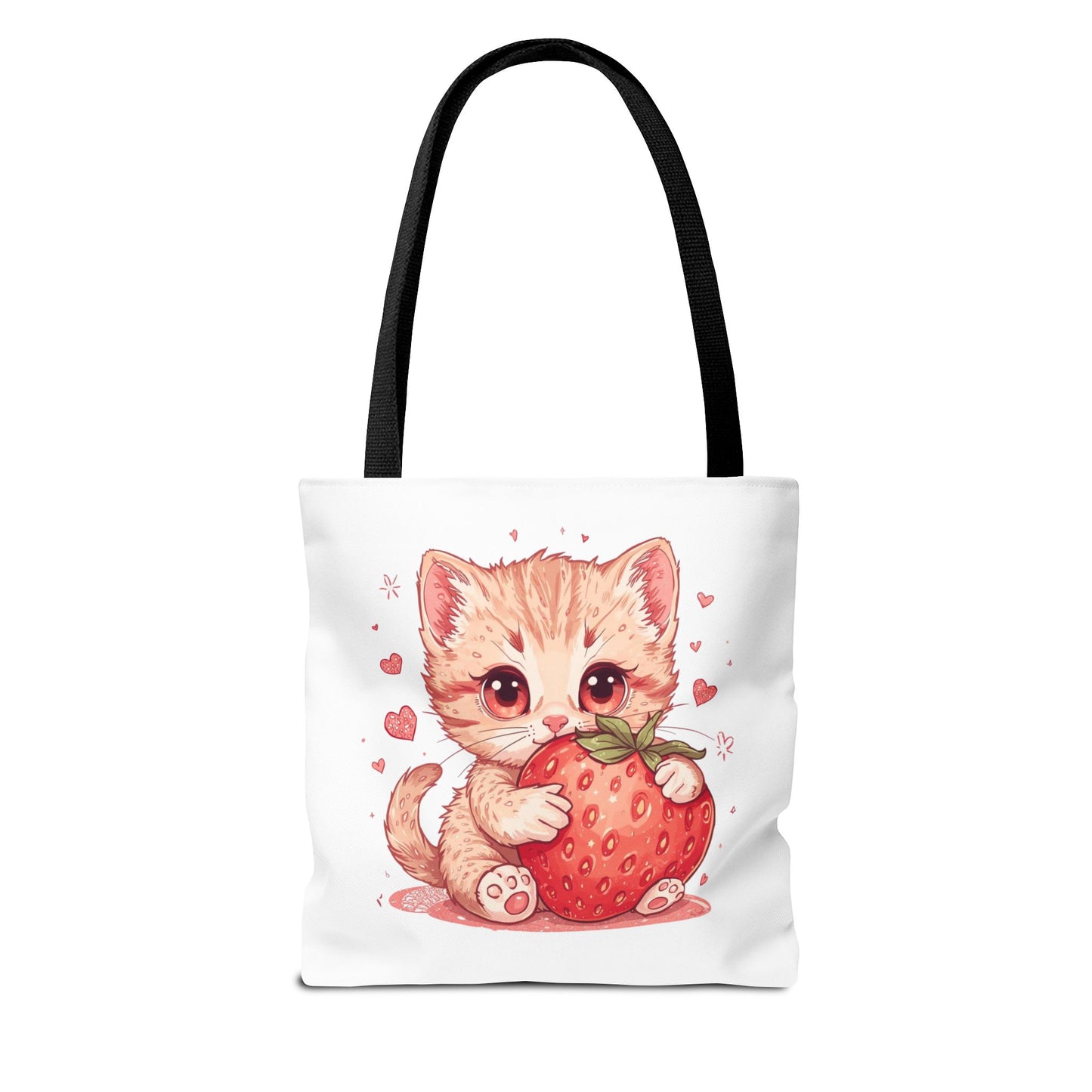 Strawberry Sweet Kitten Whimsical Cat Art Cotton Canvas Tote Bag