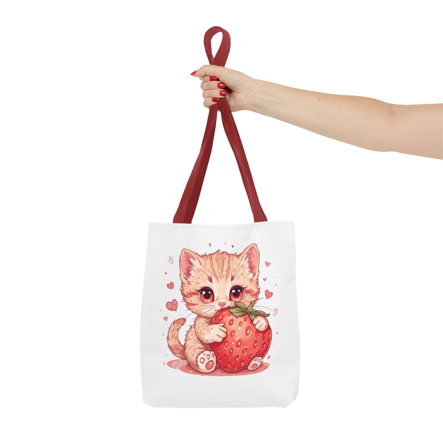 Strawberry Sweet Kitten Whimsical Cat Art Cotton Canvas Tote Bag