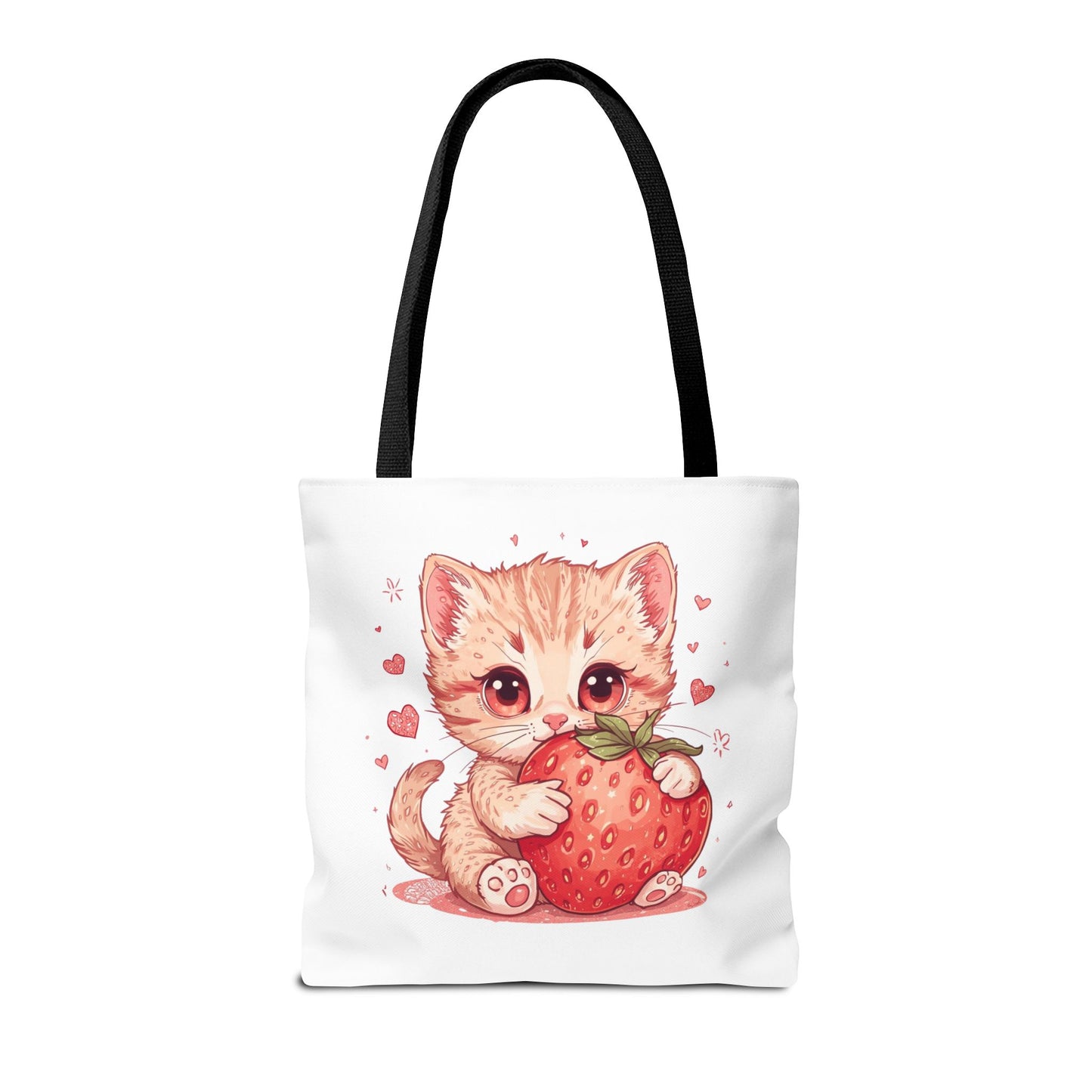 Strawberry Sweet Kitten Whimsical Cat Art Cotton Canvas Tote Bag